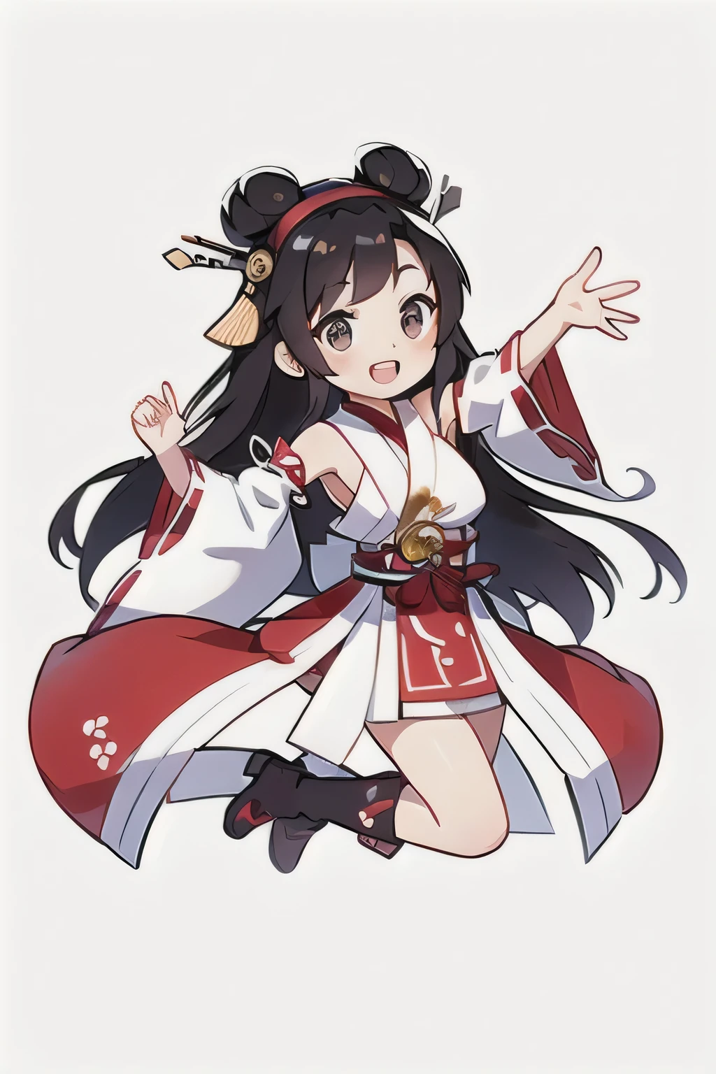 concept art, original character Design, Q version characters, 1 Girl, Solitary, long hair, Plum blossom decoration, Red Cliff, High Leg Raise, open mouth, nontraDitional miko, hairbanD, Ahog, Smile, DetacheD sleeves, Chinese clothes, thigh boots, Brown eyes, skirt, boots, Hair Bun, Ribbon trim, Double bun, Absolutely great opportunity, ribbon-trimmeD sleeves, :D, simple backgrounD, Hair accessories, heaDgear, white backgrounD, outstretcheD arm, bare shoulDers