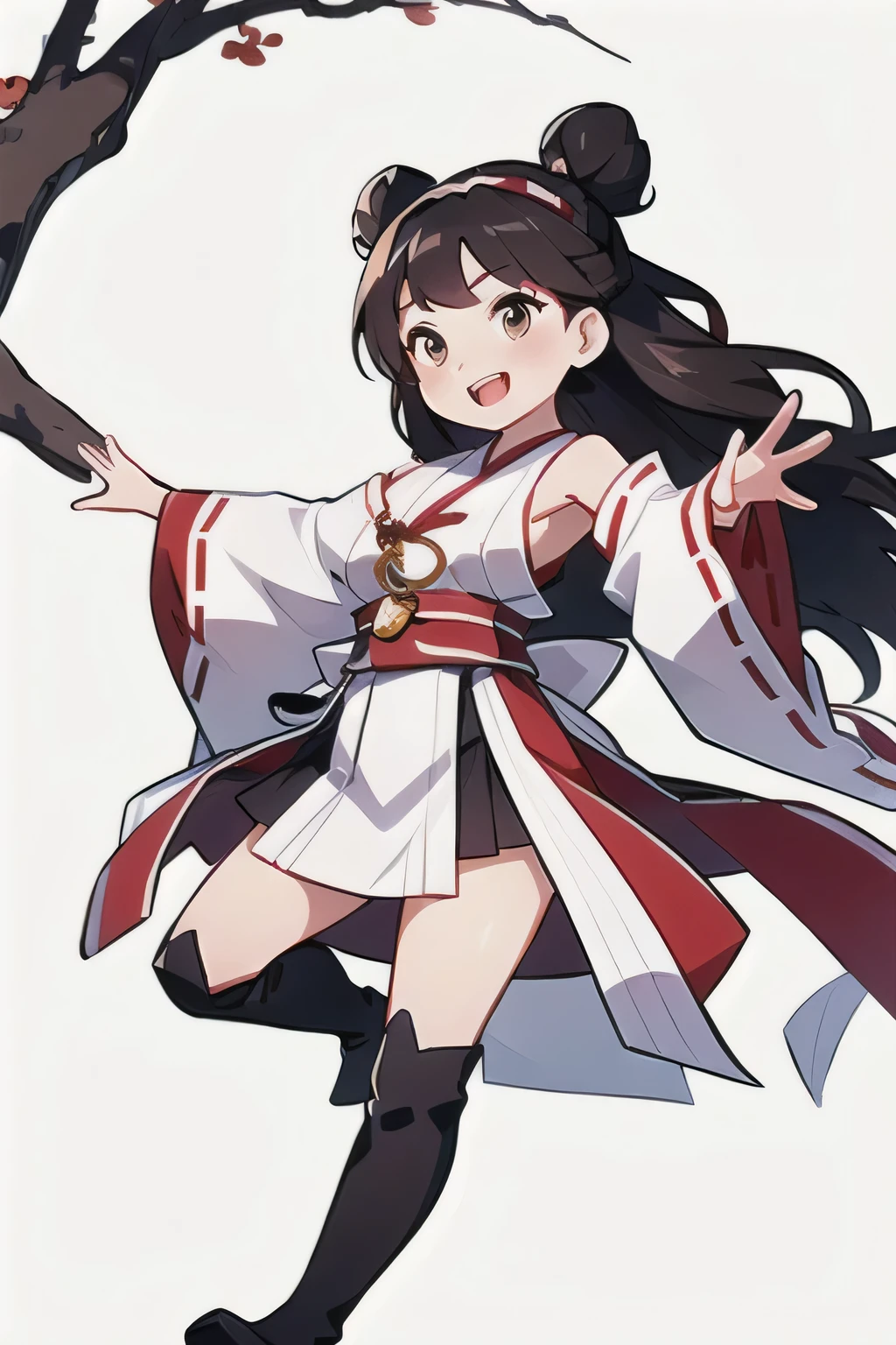 concept art, original character Design, Q version characters, 1 Girl, Solitary, long hair, Plum blossom decoration, Red Cliff, High Leg Raise, open mouth, nontraDitional miko, hairbanD, Ahog, Smile, DetacheD sleeves, Chinese clothes, thigh boots, Brown eyes, skirt, boots, Hair Bun, Ribbon trim, Double bun, Absolutely great opportunity, ribbon-trimmeD sleeves, :D, simple backgrounD, Hair accessories, heaDgear, white backgrounD, outstretcheD arm, bare shoulDers