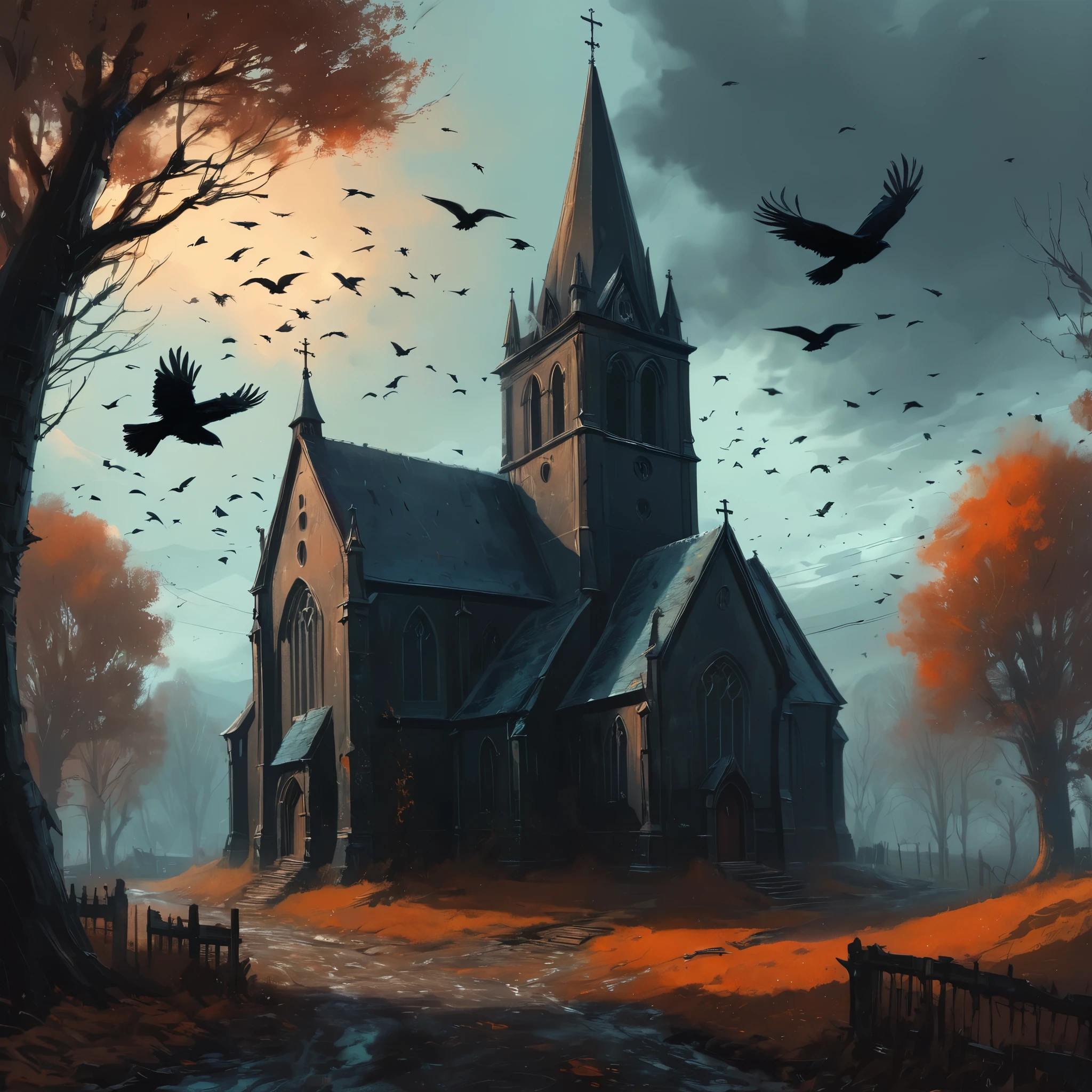 a painting of a church with crows flying around it, telegram sticker, dark hangar background, marc _ simonetti, streaming on twitch, intricate environment - n 9, witch hut, scary art in color, resident evil 4, early medieval, hauntingly beautiful