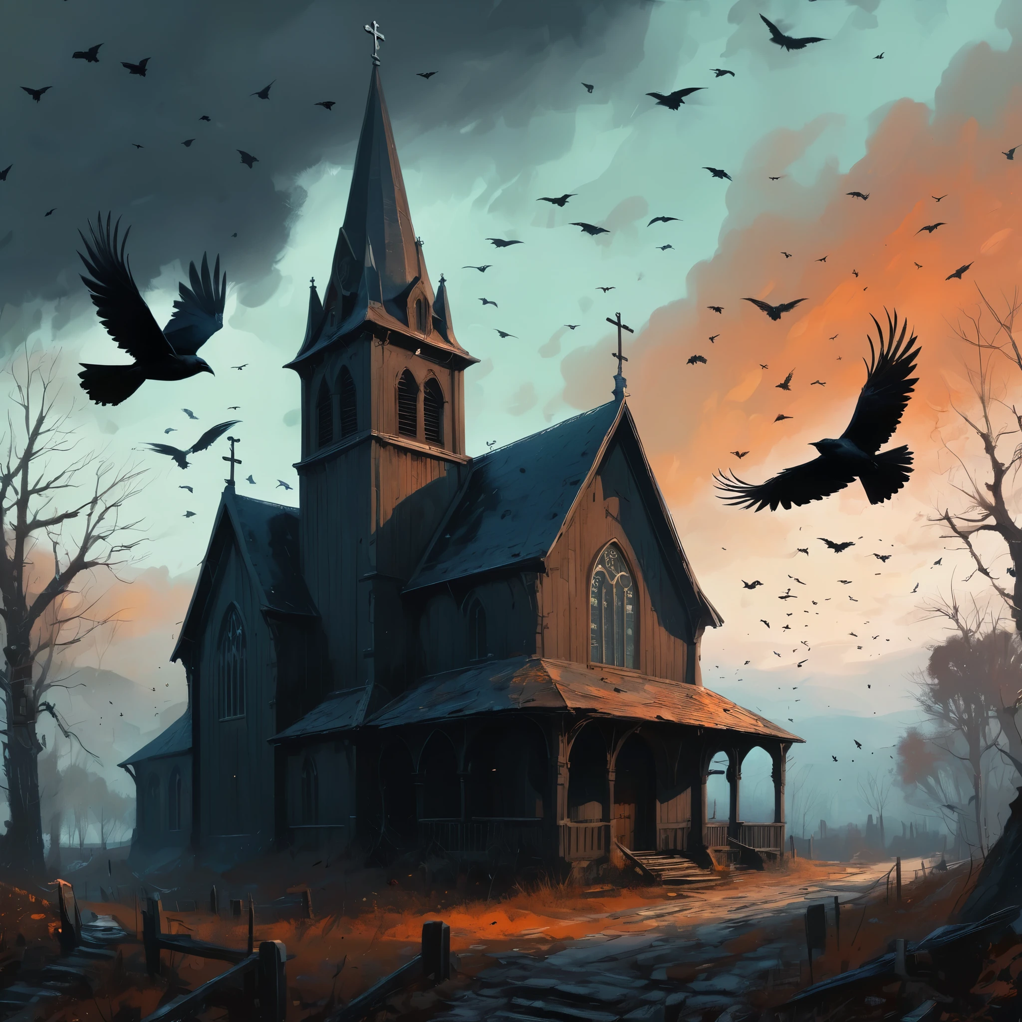 a painting of a church with crows flying around it, telegram sticker, dark hangar background, marc _ simonetti, streaming on twitch, intricate environment - n 9, witch hut, scary art in color, resident evil 4, early medieval, hauntingly beautiful