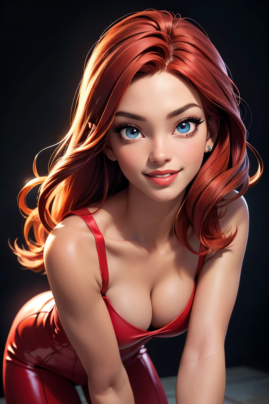 (sexy happy coy smile, lips apart 2 front teeth, red haired young woman, one raised eyebrow, ,perfect body, dynamic posing, crawling directly to camera, ,tight skin body suite black with red accent, active shot, siper hero landing pose, model, cleavage,stage,luxury hall),(oil painting),(detailed face,beautiful eyes,detailed lips),(best quality,highres:1.2),(realistic),(portrait),(vibrant colors),(soft lighting) 22 year old, happy