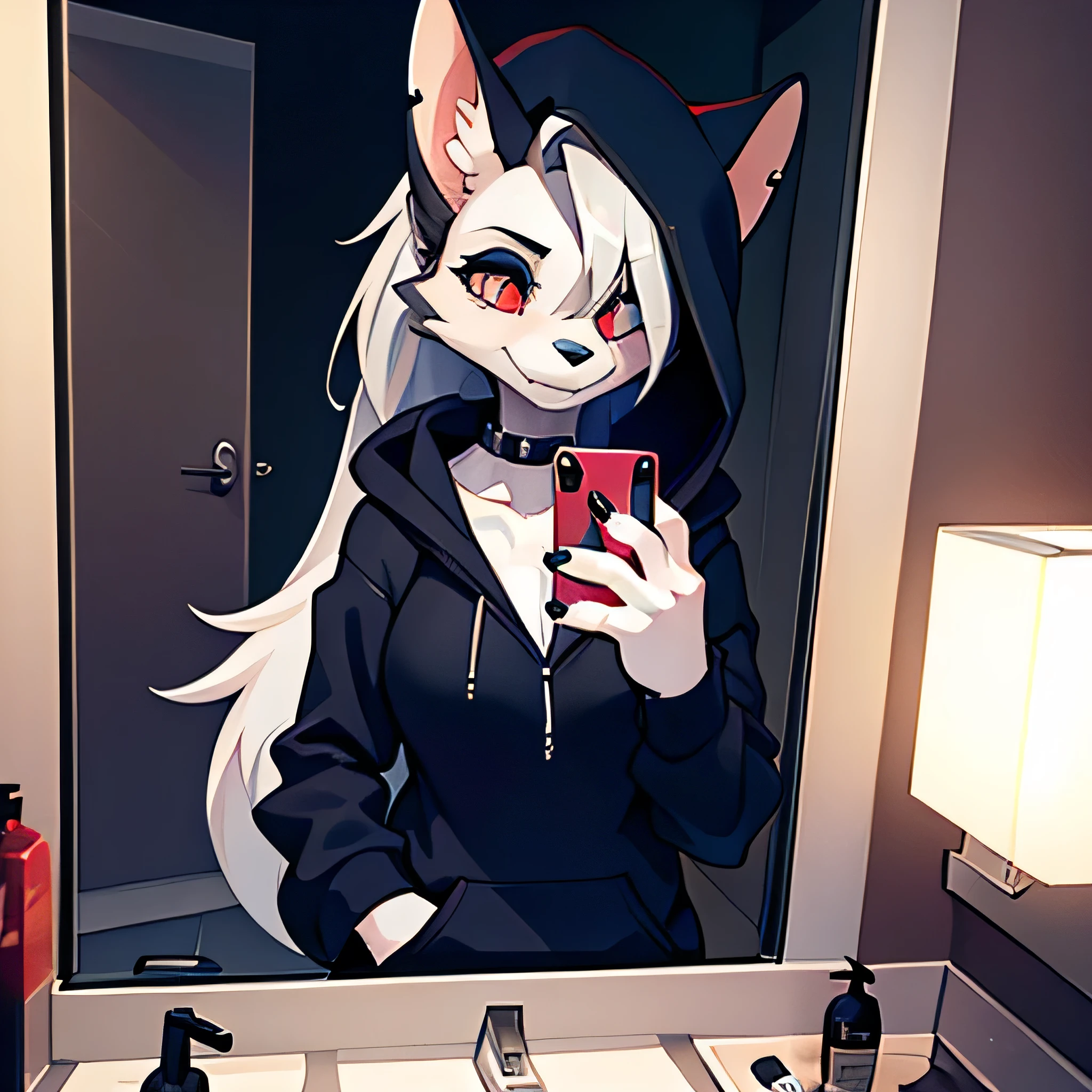 a female furry loba wearing a black hoodie in a bathroom taking a selfie in front of a mirror with a cellphone, extremely detailed face and eyes, beautiful detailed lips, ultra-detailed, 8k, extremely realistic, photorealistic, hyper detailed, high quality, studio lighting, cinematic lighting, dramatic lighting, chiaroscuro, vibrant colors, rich color palette, moody and atmospheric, dark and gritty, gothic, sharp focus