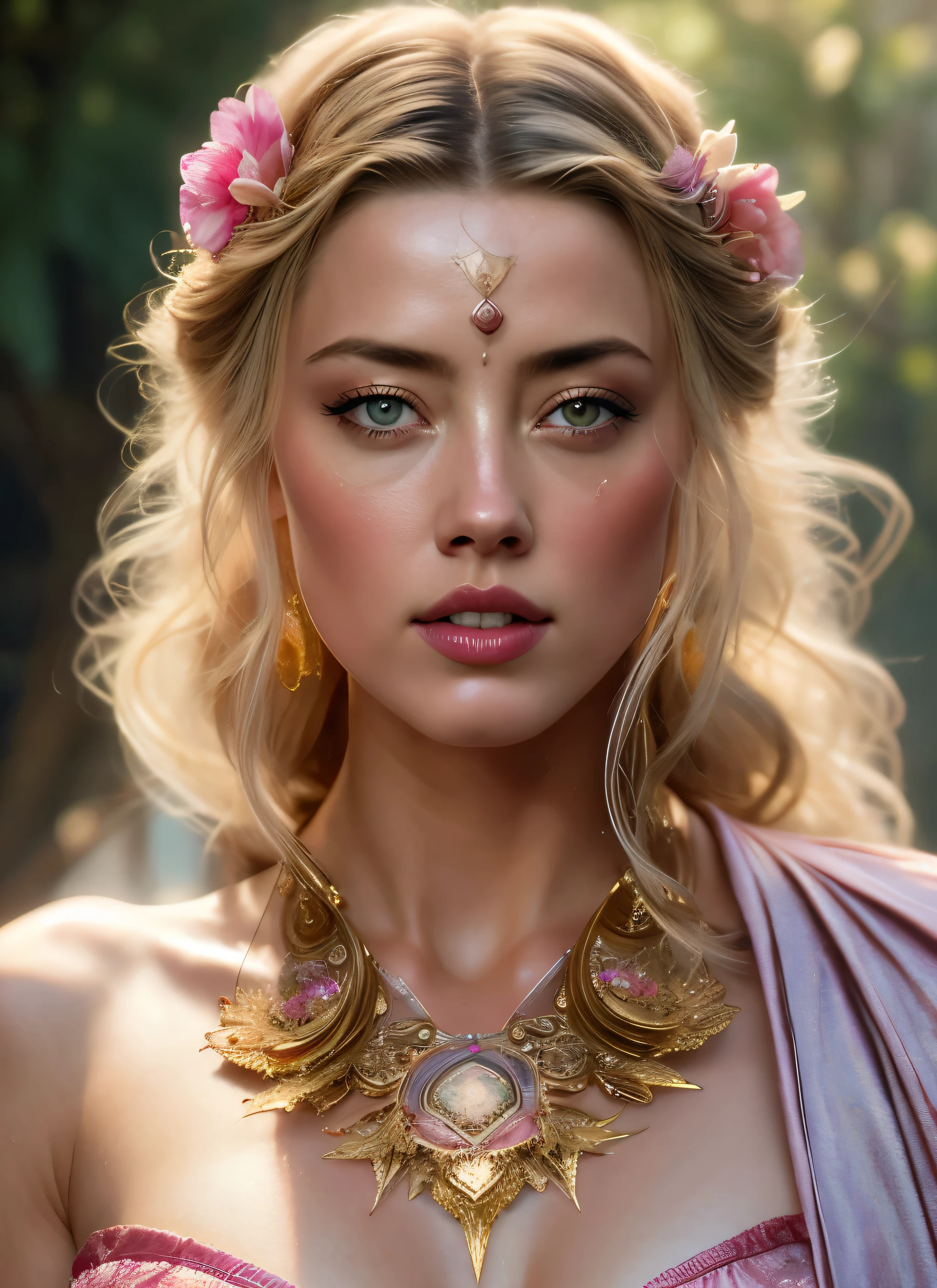 Looks like Amber Heard, (symmetry:1.1) (portrait of floral:1.05) a woman as a beautiful goddess, (assassins creed style:0.8), pink and gold and opal color scheme, beautiful intricate filegrid facepaint, intricate, elegant, highly detailed, digital painting, artstation, concept art, smooth, sharp focus, illustration, art by greg rutkowski and alphonse mucha, 8k