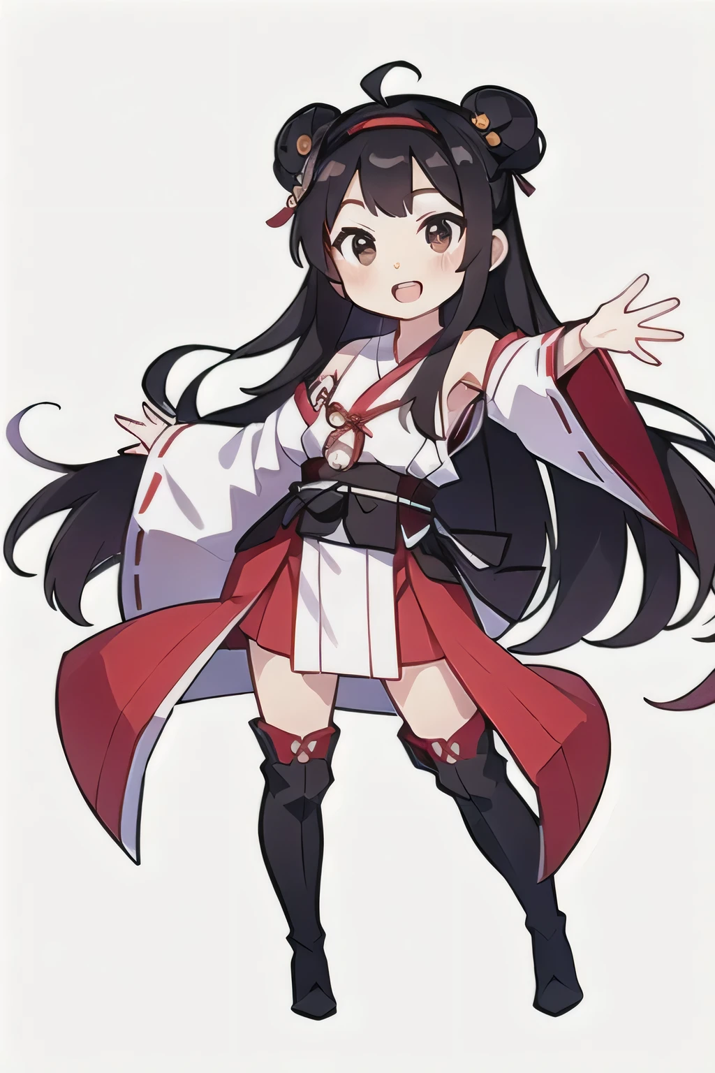 concept art, original character Design, Q version characters, 1 Girl, Solitary, long hair, Plum blossom decoration, Red Cliff, High Leg Raise, open mouth, nontraDitional miko, hairbanD, Ahog, Smile, DetacheD sleeves, Chinese clothes, thigh boots, Brown eyes, skirt, boots, Hair Bun, Ribbon trim, Double bun, Absolutely great opportunity, ribbon-trimmeD sleeves, :D, simple backgrounD, Hair accessories, heaDgear, white backgrounD, outstretcheD arm, bare shoulDers