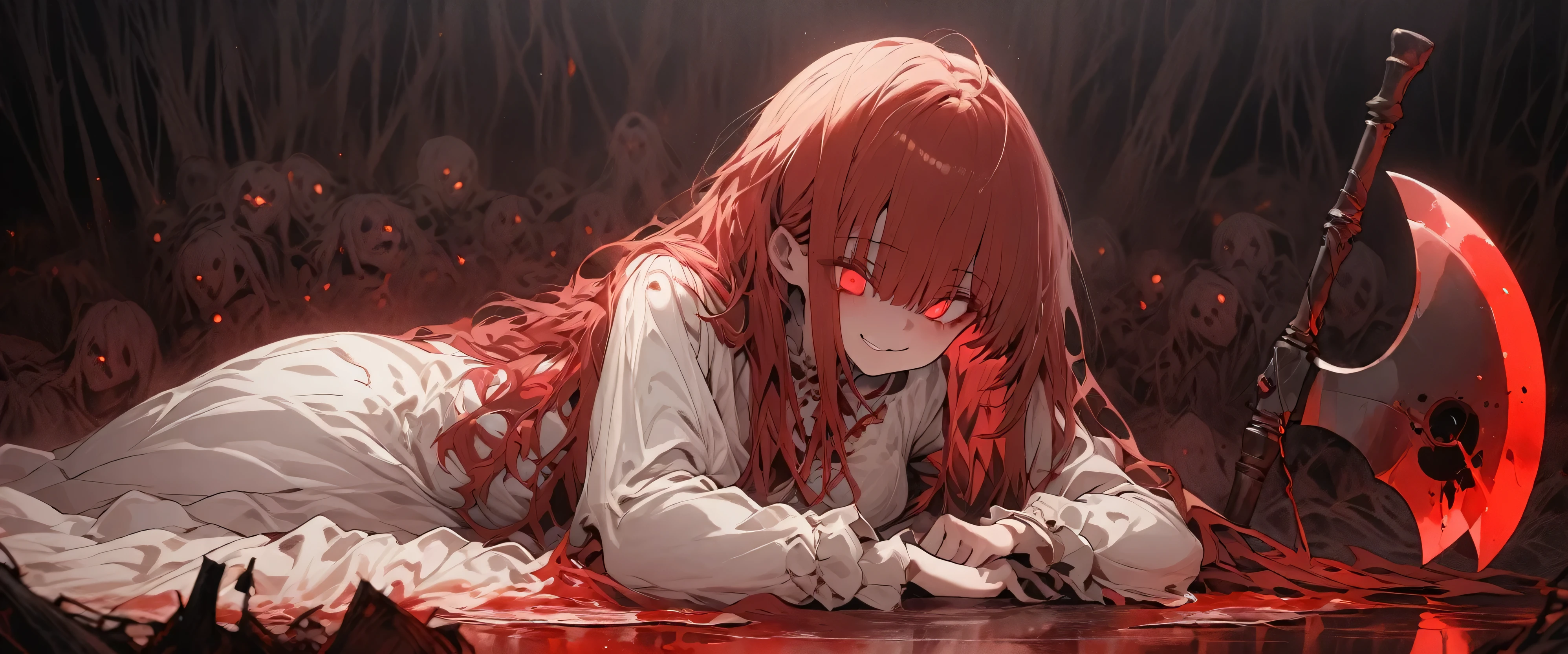Masterpiece, absurdly top quality illustration, background filled with red light particles, girl with abnormally long red hair stands prone, shaggy hair, bangs long enough to cover face, eyes hidden, mouth somehow visible, mouth smiling wryly, wearing long white dress with blood splatter, axe in back hand, creepy, scary atmosphere, full body,more detail XL