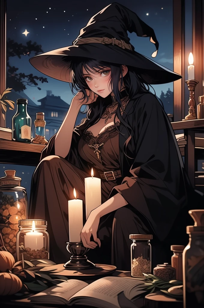 highest quality,　Best image quality,　masterpiece,　1 Female, mature woman, shandy, witch, (witchの大きな帽子:1.2), Alluring, squinting, witchの部屋, witchの館, Sitting, Large jar, candle, A large number of books, Medicine bottles, Dried Herbs, night