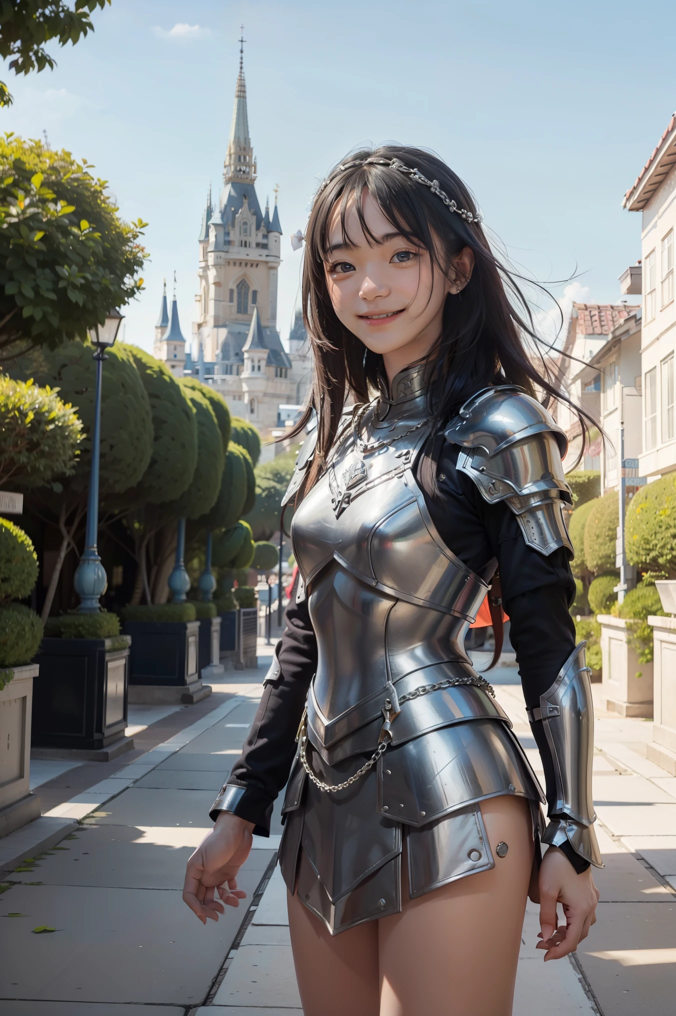 (((Medium shot))), pair, (man and woman), two people, Outside the castle, competition, playful, playful, sweet, be happy, smile, armor, chain letter, armor, be happy, Beautiful eyes, playful, Surrealism, throw, Romantic, movie light, 8ก, UHD, Masterpiece, correct, correctตามหลักกายวิภาคศาสตร์, textured skin, Highly detailed, High quality, high resolution, won, best quality, 16k, Bad body, bad hands, Bad legs.