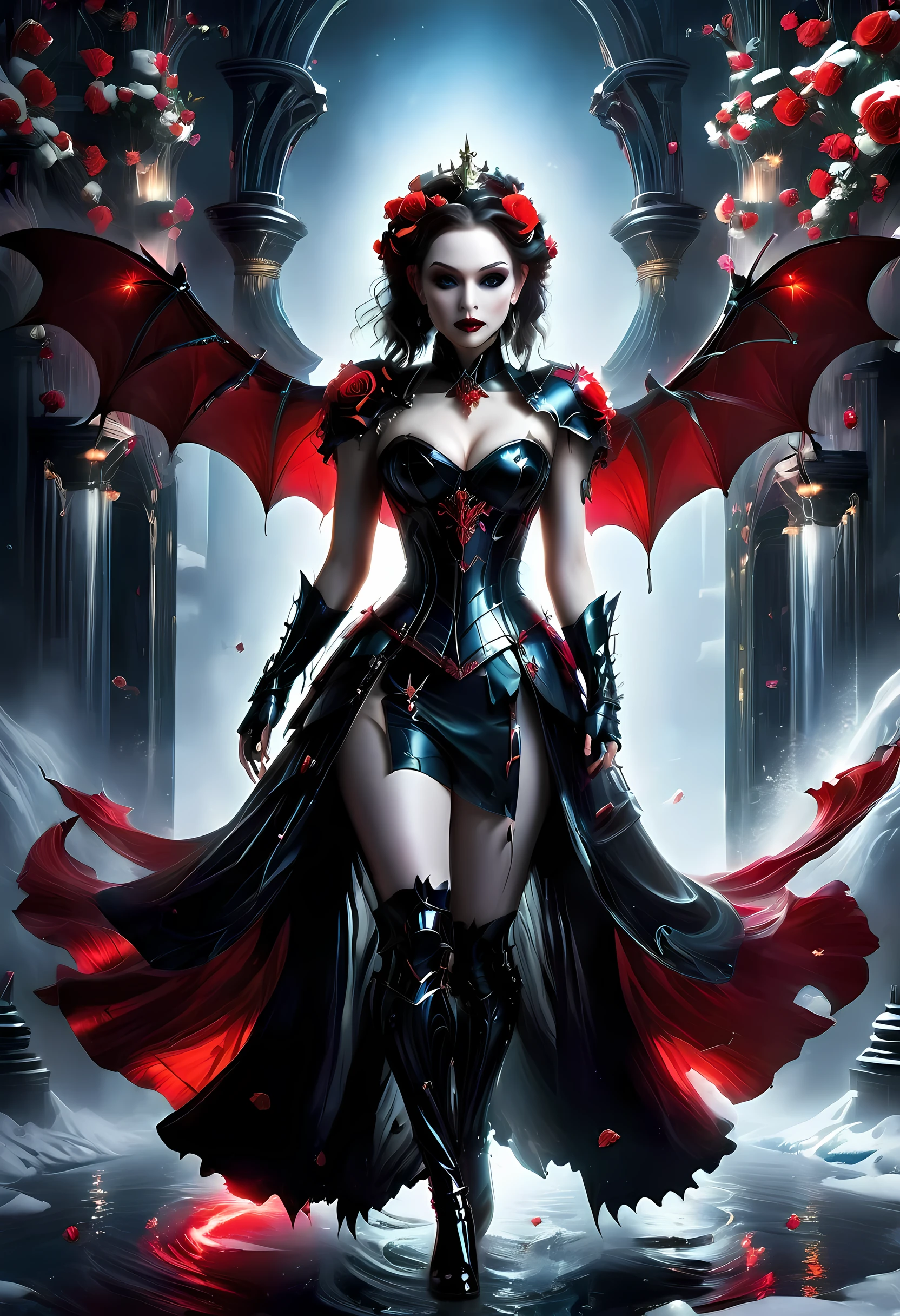 Dark fantasy art, fantasy art, goth art,  a picture of a female vampire, exquisite beauty, full body shot, dark glamour shot,  pale white skin, dark blond hair, long hair, wavy hair, (icy grey: 1.3) eyes,  she  wears a (red: 1.5) dress, ArmoredDress, the dress is decorated with (black: 1.5)  roses mad-neon-noir, betmd, high heels, dark castle background, porchm, RagingNebula