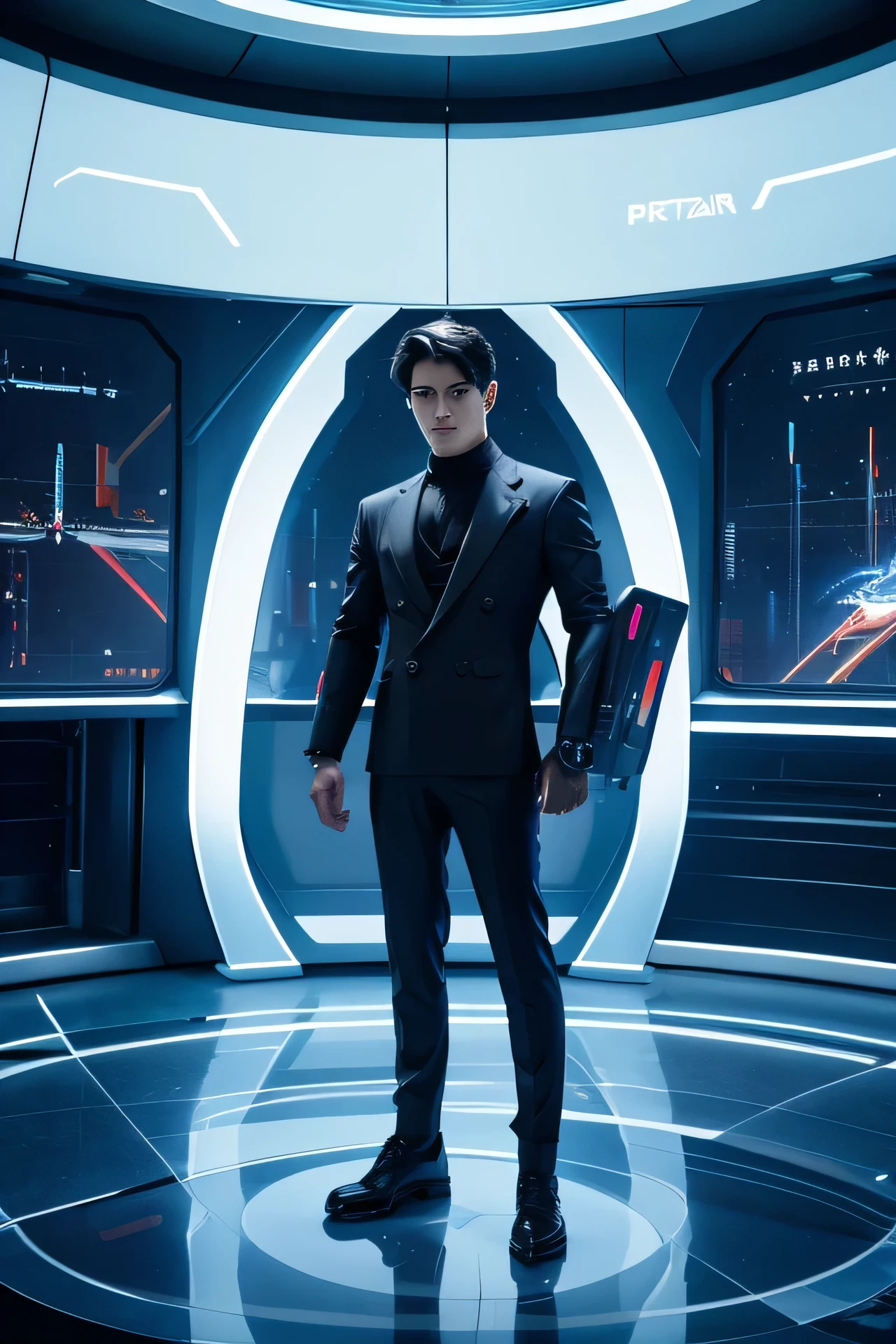 In a futuristic marketplace, standing beside a control panel, FantasticBoy wearing a futuristic smart business suit. The suit is equipped with advanced wearable technology like AR, Smart Clothing, a smartwatch, Wearable Futuristik. The environment is sleek and high-tech, with holographic displays and a wide-angle view of the marketplace's interior. Full body portrait, wide angle.