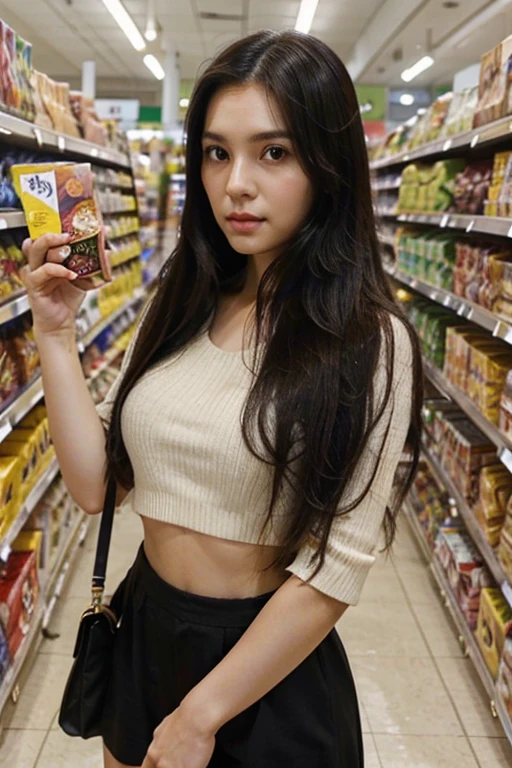Cute long straight black hair, brown eyes, round face girl, standing in the middle of the supermarket with her hair down