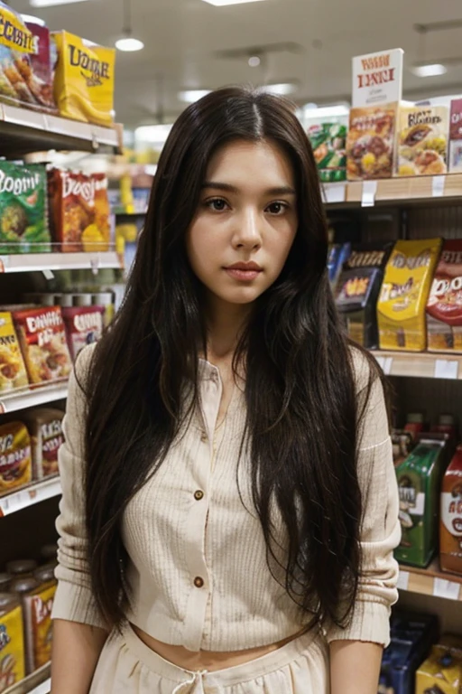 Cute long straight black hair, brown eyes, round face girl, standing in the middle of the supermarket with her hair down