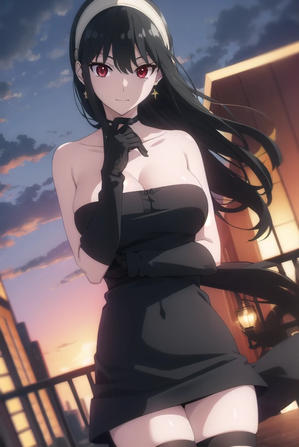 yorbriar, yor briar, black hair, (red eyes:1.5), earrings, white hairband, hairband, long hair, sidelocks, smile,
BREAK thighhighs, gloves, dress, cleavage, jewelry, earrings, black gloves, black thighhighs, fingerless gloves, (black dress:1.5), choker, bare shoulders, collarbone,
BREAK outdoors, night, city, sky, moon, clouds, star \(sky\),
BREAK looking at viewer, (cowboy shot:1.5),
BREAK (masterpiece:1.2), best quality, high resolution, unity 8k wallpaper, (illustration:0.8), (beautiful detailed eyes:1.6), extremely detailed face, perfect lighting, extremely detailed CG, (perfect hands, perfect anatomy),