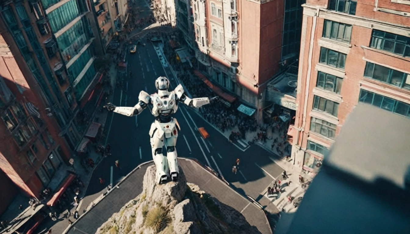 high angle camera view from above of a humanoid cyborg robot standing on the top of the mountain above a bustling cyberpunk megacity, with high outstretched arms in the pose just like Jesus Christ, ((CROWD OF people are kneeling on the ground around him)))POV looking from above,drone view,  realistic, cinematic, Sharp focus, depth of field, lifelike textures, best shadows, best quality. Realism, photorealism, hyperrealism, vintage muted color tones, lomochrome, natural lights, cinematic lighting, contrast lighting, dramatic lighting, best quality, insanely intricate details, hdr, uhd 8k, 35 mm film, analog,((1970s movie style)), retro, vintage color grading,Award - winning photograph, Masterpiece,hyper detailed,sfumato, chiaroscuro, intricate details, amazing fine detail, neutral colors,  wide angle, film grain, dslr, raw photo, photographed on Nikon
