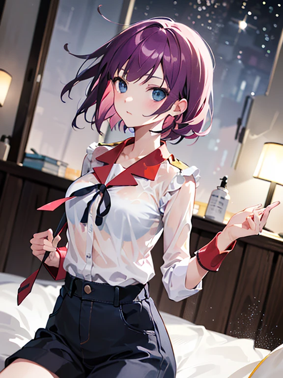 ,absurdo, high resolution, (ultra detallado:1.1), (1 chica:1.3), estilo acuarela, (mezcla suave:1.4), (Dream washes:1.4), (texturas delicadas:1.4, ROMPER (Fotos bokeh:1.3), enfoque suave, Destacados desenfocados, dream atmosphere,  Profundidad cautivadora, bordes borrosos, dynamic angle, further_detalles:1.5, mesa, mejor calidad, high resolution, SH1, Senjougahara Hitagi, pelo largo, mangas largas, corbata, , Falda plisada, mangas de julieta, muslos negros, Camisa rosa,  tiro de vaquero,