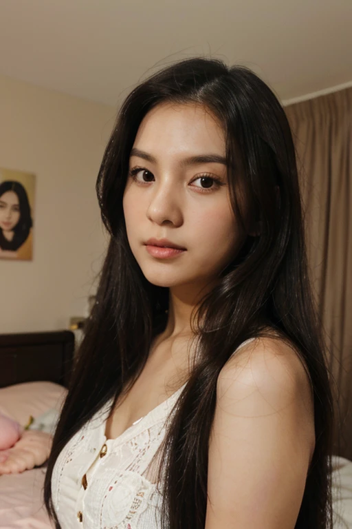 Cute long straight black hair, brown eyes, round face girl, in the bedroom, making a kissing gesture