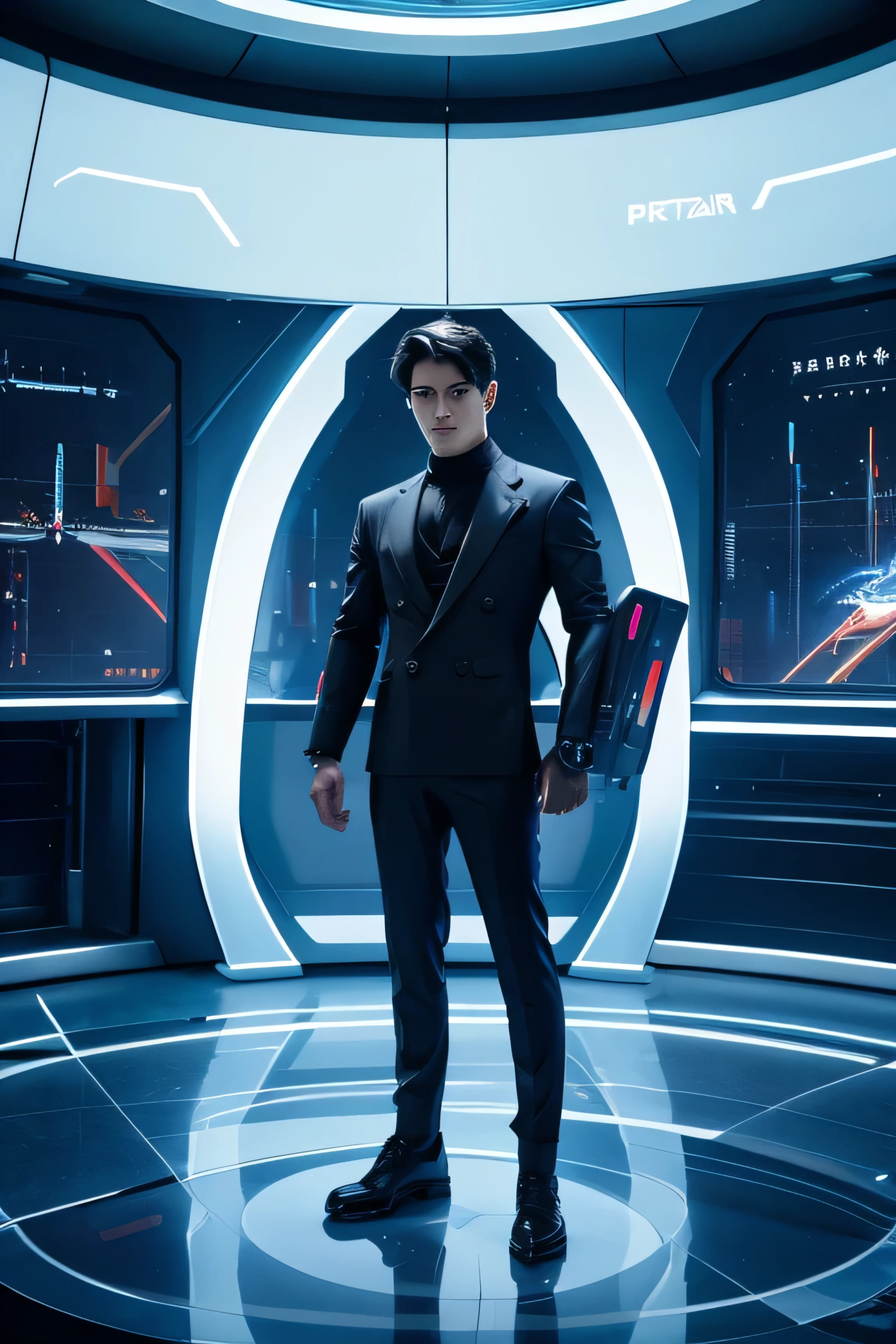 In a futuristic marketplace, standing beside a control panel, FantasticBoy wearing a futuristic smart business suit. The suit is equipped with advanced wearable technology like AR, Smart Clothing, a smartwatch, Wearable Futuristik. The environment is sleek and high-tech, with holographic displays and a wide-angle view of the marketplace's interior. Full body portrait, wide angle.