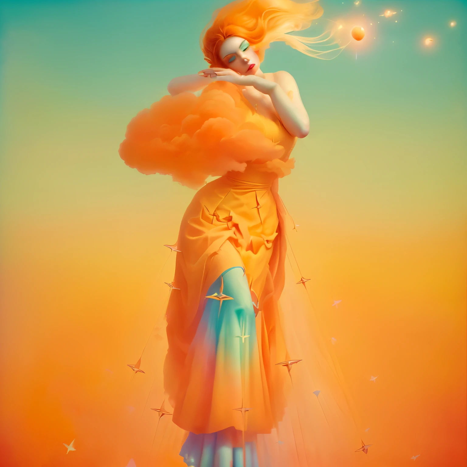 a painting of a woman in an orange dress is flying through the air, cloud goddess, beeple and jeremiah ketner, yuri shwedoff and tom bagshaw, magical realism bizarre art, natalie shau tom bagshaw, dreamlike surrealism, frank moth, brooke shaden detailed, surreal illustration, by Mike Winkelmann, amy judd