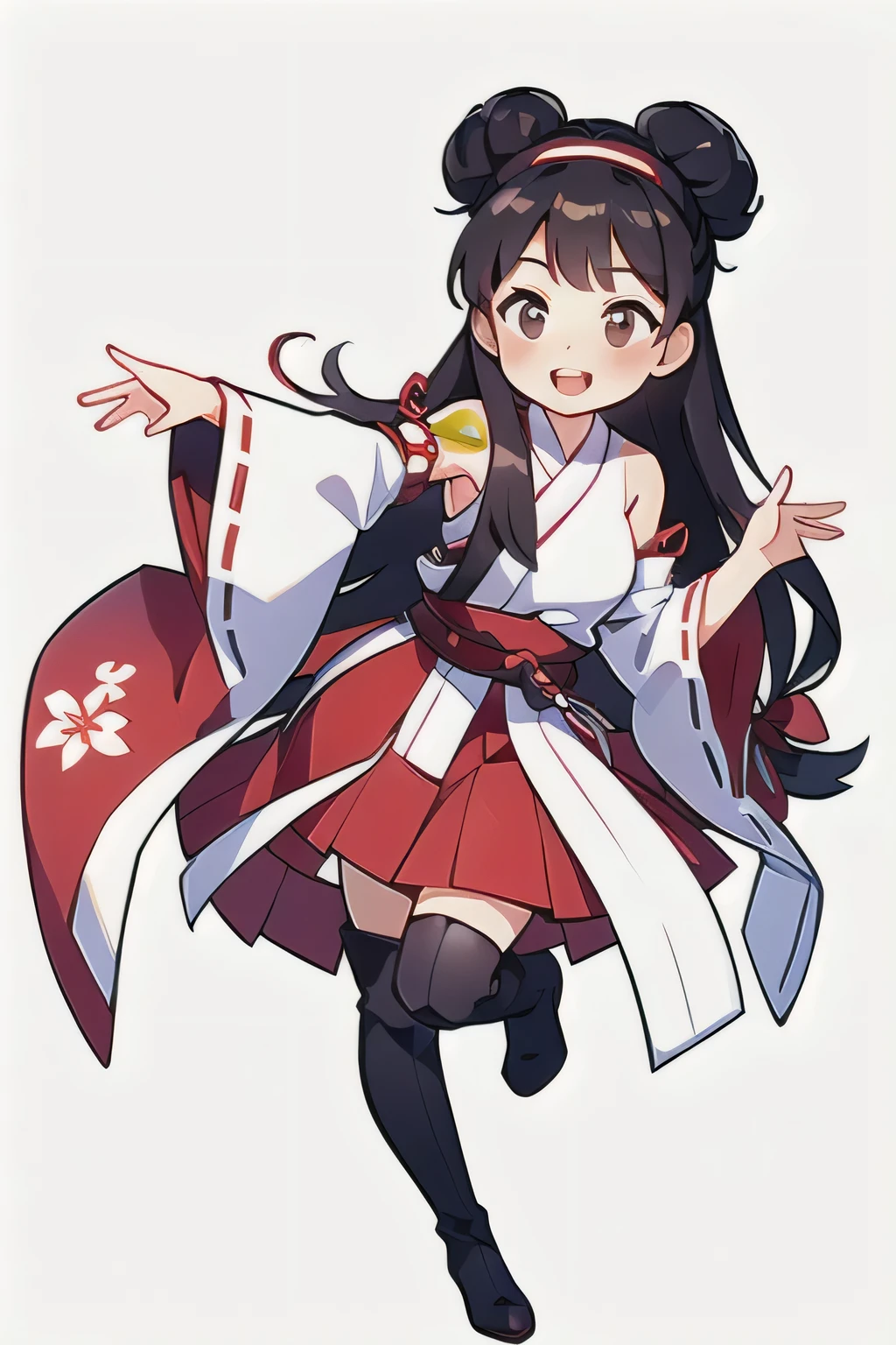 concept art, original character Design, Q version characters, 1 Girl, Solitary, long hair, Plum blossom decoration, Red Cliff, High Leg Raise, open mouth, nontraDitional miko, hairbanD, Ahog, Smile, DetacheD sleeves, Chinese clothes, thigh boots, Brown eyes, skirt, boots, Hair Bun, Ribbon trim, Double bun, Absolutely great opportunity, ribbon-trimmeD sleeves, :D, simple backgrounD, Hair accessories, heaDgear, white backgrounD, outstretcheD arm, bare shoulDers