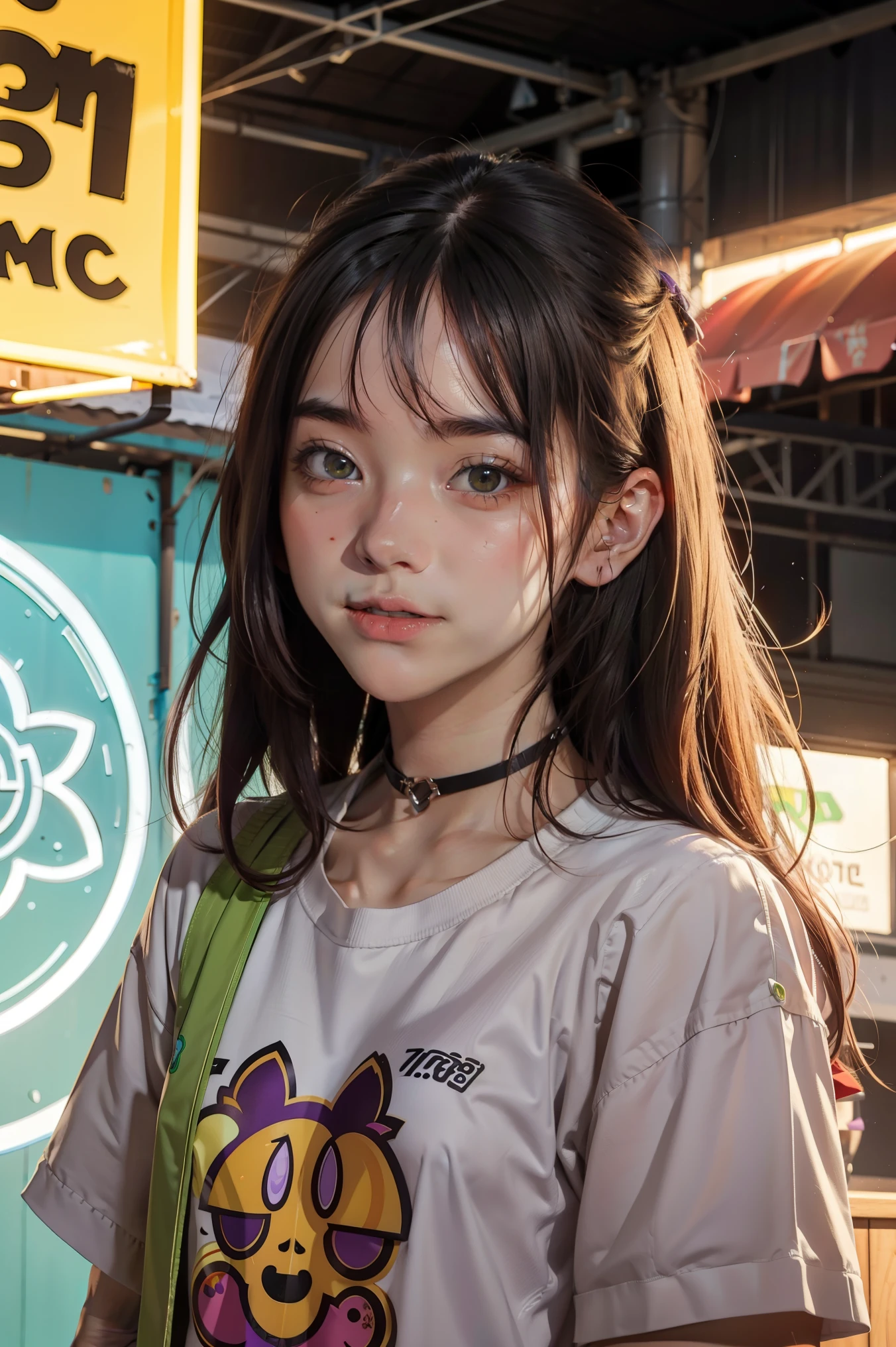 The characters are half apart., man, เด็กผู้man, 17 years old, Medium beard, reddish brown hair, green eyes, long hair, quiet. clever, Background with neon purple graffiti, utopia city, Surrealism, Simplicity, Expression, anime style, shadow, Film texture, Vignette, ภาพshadow, 1080P, Anatomically correct