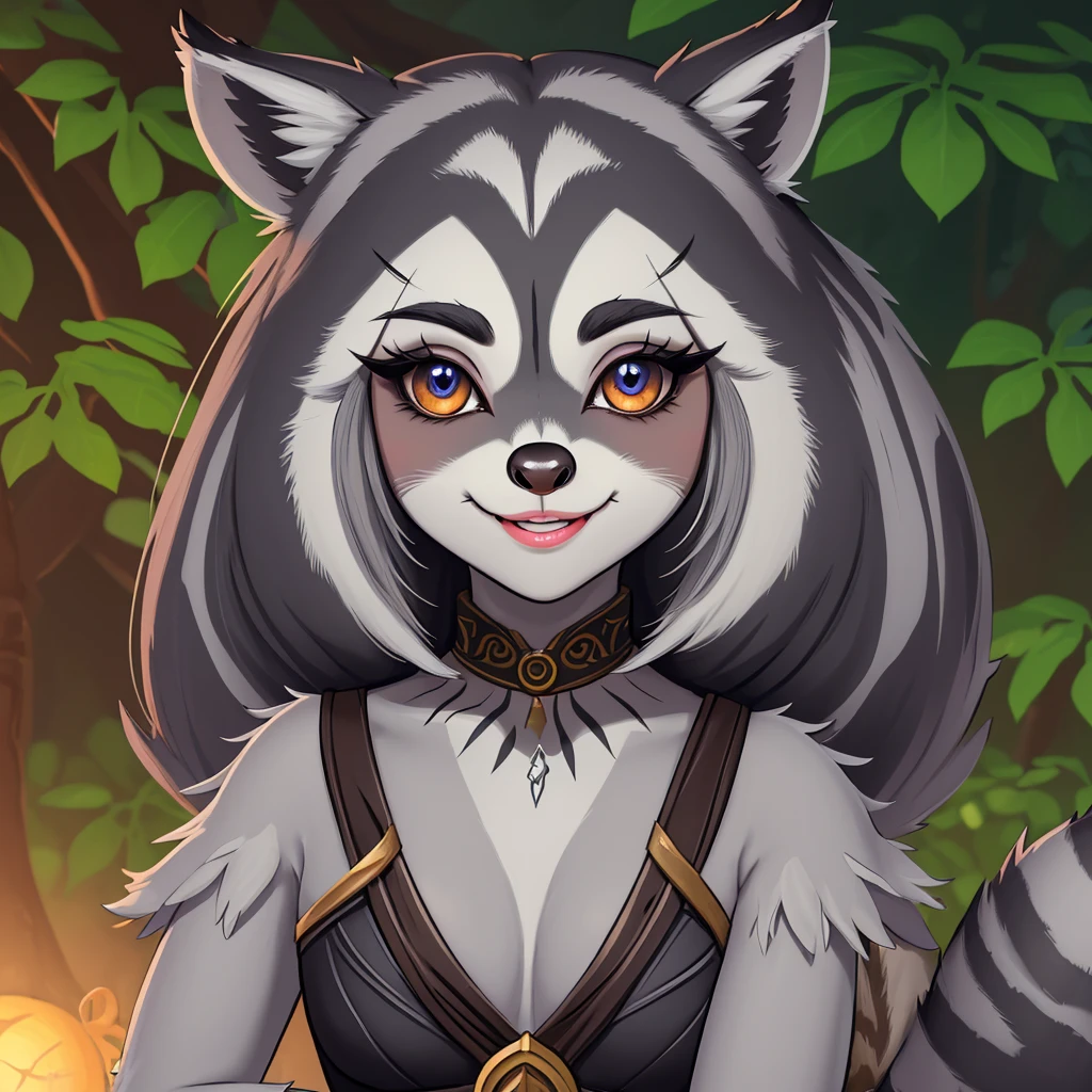 Create an illustrated, hand-drawn, full-color image of an anthropomorphic raccoon girl. The artwork should be rendered in the style of "Breath of the Wild," featuring warm lighting and shadows. Include graphite shading, stencil marks, and airbrushed acrylic paint effects. The image should be of the highest quality, a masterpiece with intricate details. The raccoon girl should have a female, humanoid, furry appearance with grey skin. She should have luscious lips, a wide smile, and bright, expressive eyes, exuding beauty, cuteness, and adorableness. Ensure the image is high resolution and sharply detailed, with a detailed and vibrant background. Incorporate mystical lighting in the background, creating a romantic and enchanting atmosphere.
