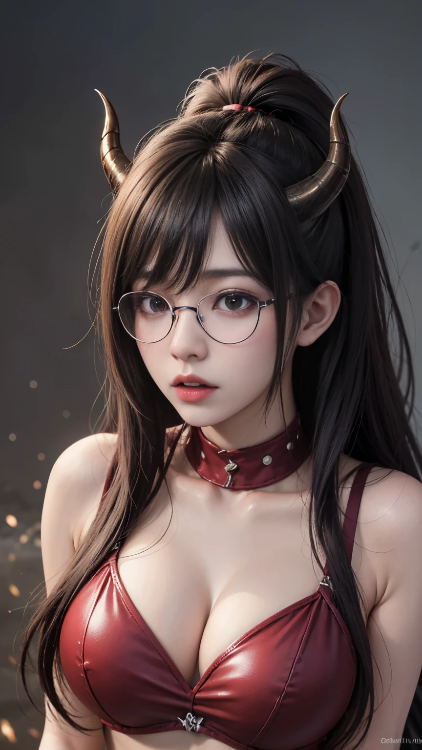 background(Black Night Sky,Big Moon),Woman close up,Wearing a white shirt、Purple Hair,Very long hair,very thick braids,Purple eyes,big 、((((Glasses))))、realistic girl rendering, 8k artistic german bokeh, Enchanting girl, Realistic girl, Gurwitz, Gurwitz-style artwork, Girl Roleplay, Realistic 3D style, cgstation Popular Topics,, 8K Portrait Rendering,(truth,truth:1.4),Wear pink pajamas,巨big ,Sparkling eyes,Purple eyes、(highest quality,4K,8k,High resolution,masterpiece:1.2),Very detailed,(Realistic,photoRealistic,photo-Realistic:1.37),Mythical monster,Beast-like creature,Muscular,Six big legs,Stand like a gorilla,Red fur covering the body,two big horns,Drill teeth,Sharp Claws,Huge shape,Burning Fire Magic,Energy aura,A threatening presence,Glowing Eyes,Intimidating posture,dark environment,Smoke-filled air,Ominous Shadow,Majestic and fierce,Explosive power,Vibrant colors,bold,Horror art style,Moving configuration,Dramatic lighting,Rib Layer,large sharp teeth,Sharp Edges,Very detailedスケール,Burning Crack,Burning Flames,Furious look,Burning with anger,Surrounded by sparks and embers), Scared, dark, spooky, Underwater mist liquid swirling cavity, highest quality, Front view, Satanic, 18 year old asian girl、Liu Wen, Shaved eyebrows, With big black ram horn, , A large snake with slimy tentacles wrapped around its shoulders. Moody and dramatic lighting, Lang Yun, storm, lightning, Smoke and Fog Environment, Fuzzy smoke background, Wide-angle shot, Wide-angle shot, elevation, Extreme angle shot, Vignette, Unrealistic Nightmare,