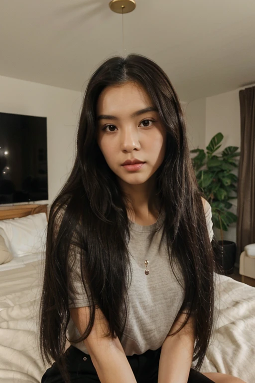 Cute long straight black hair, brown eyes, round face girl, in the bedroom, talking