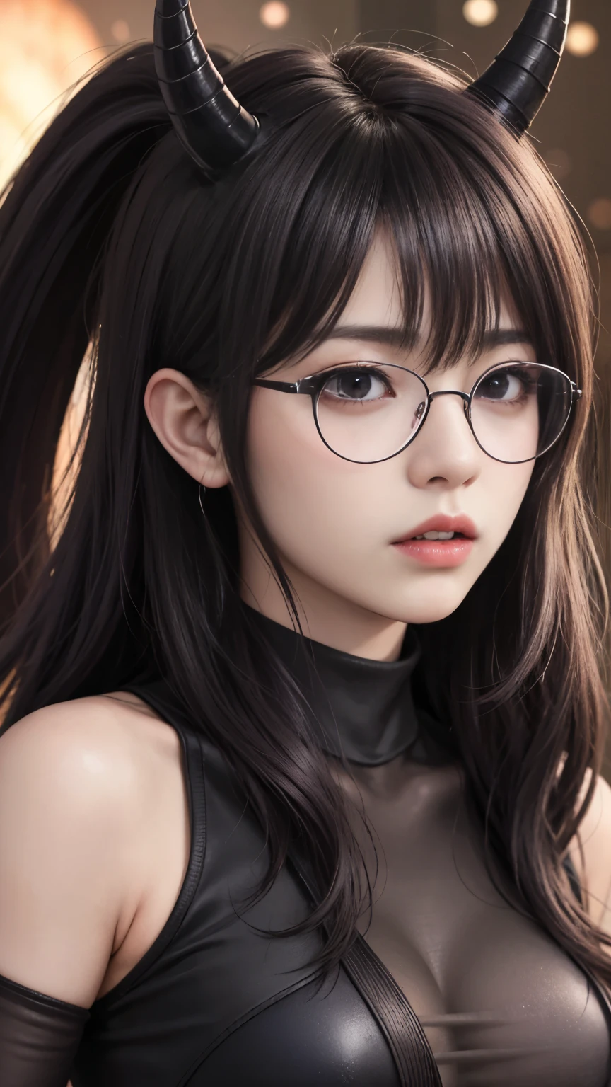 background(Black Night Sky,Big Moon),Woman close up,Wearing a white shirt、Purple Hair,Very long hair,very thick braids,Purple eyes,big 、((((Glasses))))、realistic girl rendering, 8k artistic german bokeh, Enchanting girl, Realistic girl, Gurwitz, Gurwitz-style artwork, Girl Roleplay, Realistic 3D style, cgstation Popular Topics,, 8K Portrait Rendering,(truth,truth:1.4),Wear pink pajamas,巨big ,Sparkling eyes,Purple eyes、(highest quality,4K,8k,High resolution,masterpiece:1.2),Very detailed,(Realistic,photoRealistic,photo-Realistic:1.37),Mythical monster,Beast-like creature,Muscular,Six big legs,Stand like a gorilla,Red fur covering the body,two big horns,Drill teeth,Sharp Claws,Huge shape,Burning Fire Magic,Energy aura,A threatening presence,Glowing Eyes,Intimidating posture,dark environment,Smoke-filled air,Ominous Shadow,Majestic and fierce,Explosive power,Vibrant colors,bold,Horror art style,Moving configuration,Dramatic lighting,Rib Layer,large sharp teeth,Sharp Edges,Very detailedスケール,Burning Crack,Burning Flames,Furious look,Burning with anger,Surrounded by sparks and embers), Scared, dark, spooky, Underwater mist liquid swirling cavity, highest quality, Front view, Satanic, 18 year old asian girl、Liu Wen, Shaved eyebrows, With big black ram horn, , A large snake with slimy tentacles wrapped around its shoulders. Moody and dramatic lighting, Lang Yun, storm, lightning, Smoke and Fog Environment, Fuzzy smoke background, Wide-angle shot, Wide-angle shot, elevation, Extreme angle shot, Vignette, Unrealistic Nightmare,