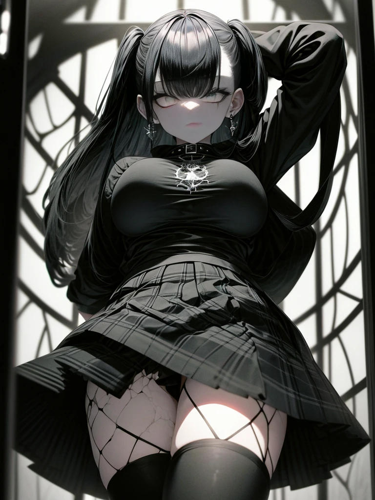 girl in a short skirt in stockings, topic, dark atmosphere, glowing eyes, green eyes, black hair, Bloom effect, VHS, short T-shirt, big thighs, glare, black clothes, night, hentai, nsfw, focus on face, big breasts, beautiful body, top, eye contact, half naked body, blur, high quality, anime style, 1 girl, monochrome, masterpiece, aesthetics, dark forest park, punk