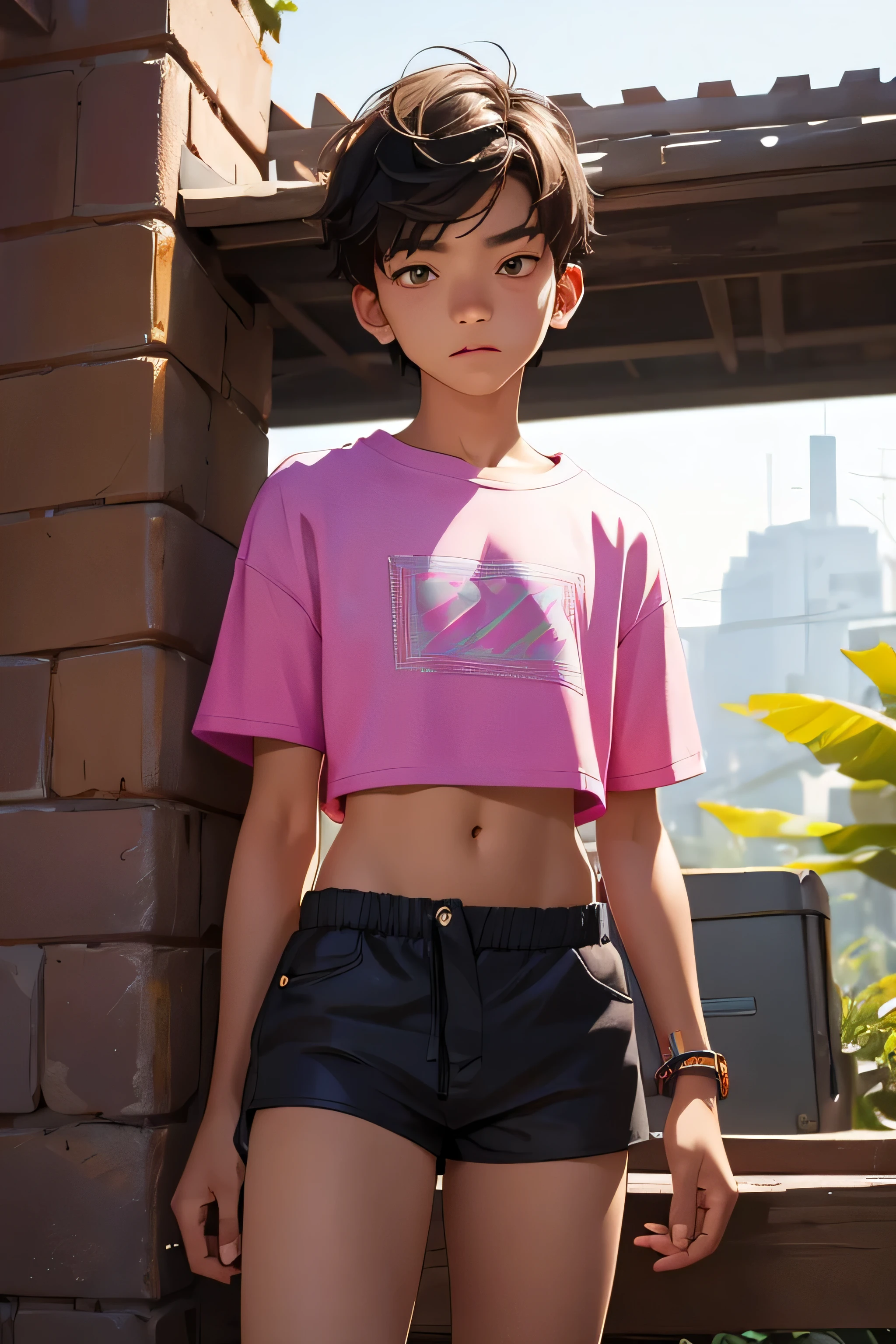 boy 14 yy wears a crop shirt and too very short mini shorts, posing