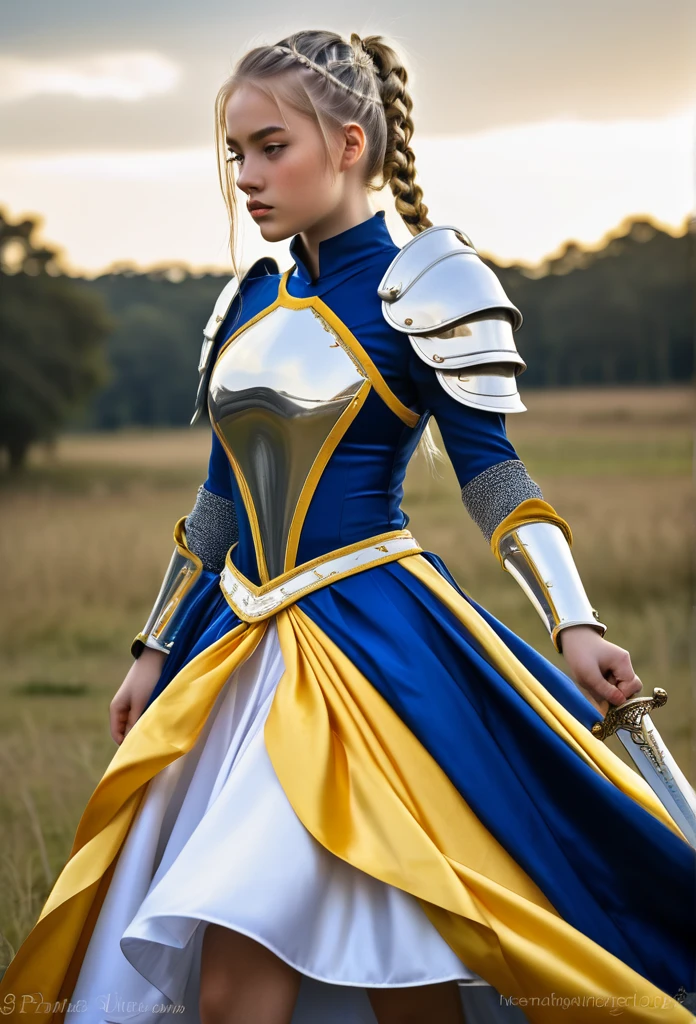 photography, high detail, realistic,  A girl with white and yellow mixed braided  ponytail.Wearing a Royal blue satin dress with sliver arm guards.also round her waist is white double layered Skirt. Also on the double layered  skirt  are the words Pecifics in bule yellow and white writtings on metal flaps attached to the Double layered Skirt. White armour  ribbon like bands coil around her arms to the sleeves of the dress. She wears White medival Armor metallic boots. ((In her Hand is  Huge Sword with Sliver Shining Blade surround by sliver aura of light gold))