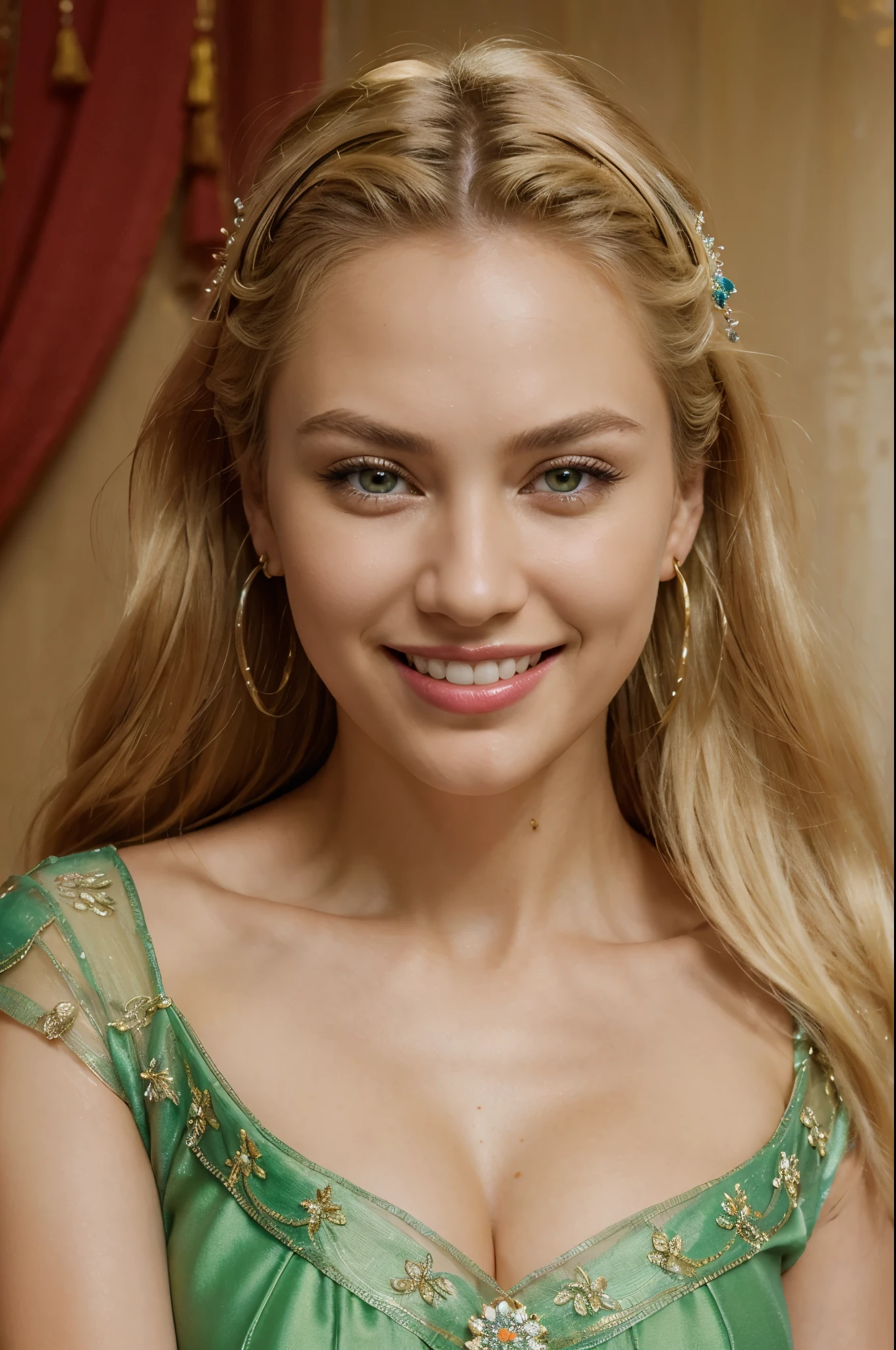 Masterpiece , best quality,absurd resolution, crystal clear, professional photograph of the most beautiful sexy russian ((summer flower dress)) (pretty earring) ((big smile)), ((detail mouth)) ((cleavage)) ((realistic tooth)) ((perfect tooth)) with perfect breast, (best quality, 8K, high resolution, masterpiece), ultra-detailed, realistic, ((blond hair)) flowing blond hair and striking green eyes. including vibrant lipstick that accentuates her lips... enriching the portrait with depth and cultural significance. The overall composition is a celebration of the beauty, tradition and artistry of makeup and adornment, rendered with realistic precision and attention to detail