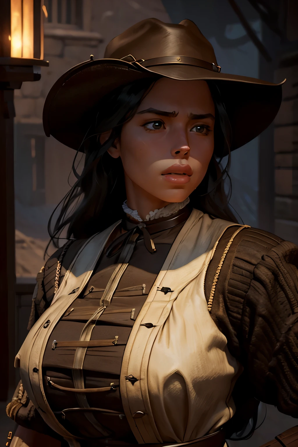 Hyper Realistic 1girl in Old West Clothing, Fantasy Art, Photorealistic, Dynamic Lighting, Artstation, Highly Detailed Face, 4K, Award Winning,