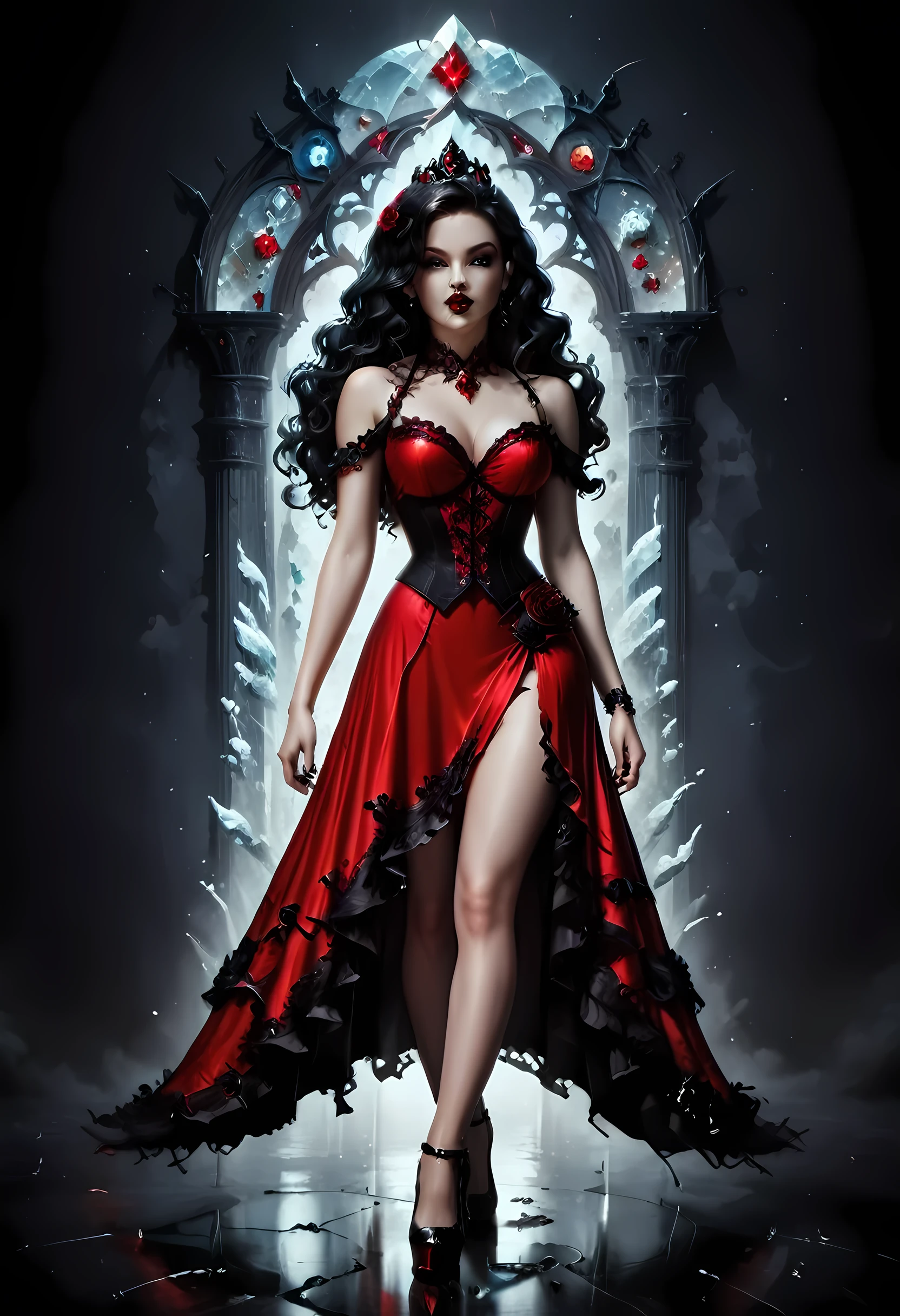 Dark fantasy art, fantasy art, goth art,  a picture of a female vampire, exquisite beauty, full body shot, dark glamour shot,  pale white skin, dark blond hair, long hair, wavy hair, (icy grey: 1.3) eyes,  she  wears a (red: 1.5) dress, ArmoredDress, the dress is decorated with (black: 1.5)  roses mad-neon-noir, betmd, high heels, dark castle background, porchm, RagingNebula