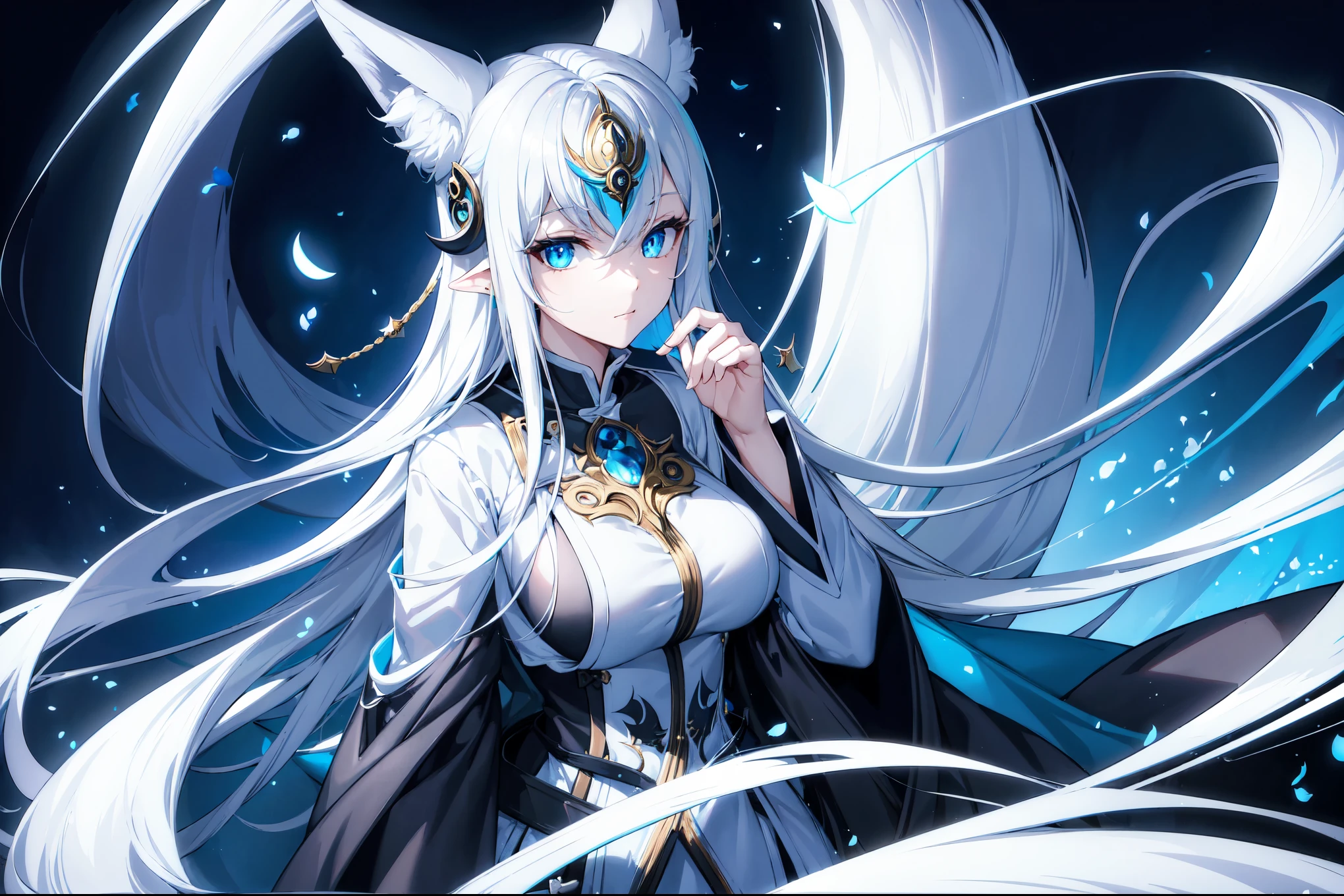 (best quality,highres,masterpiece:1.2),(flatten art:0.7), masterpiece, best quality, 1woman, Anime, darker environment, white horns, long white hair, white ao dai, blue demon eyes, pointy ear, large breast, white fox tail, enticing, night, dark, looking at viewer, solo, faint moonlight, smug face, close-up