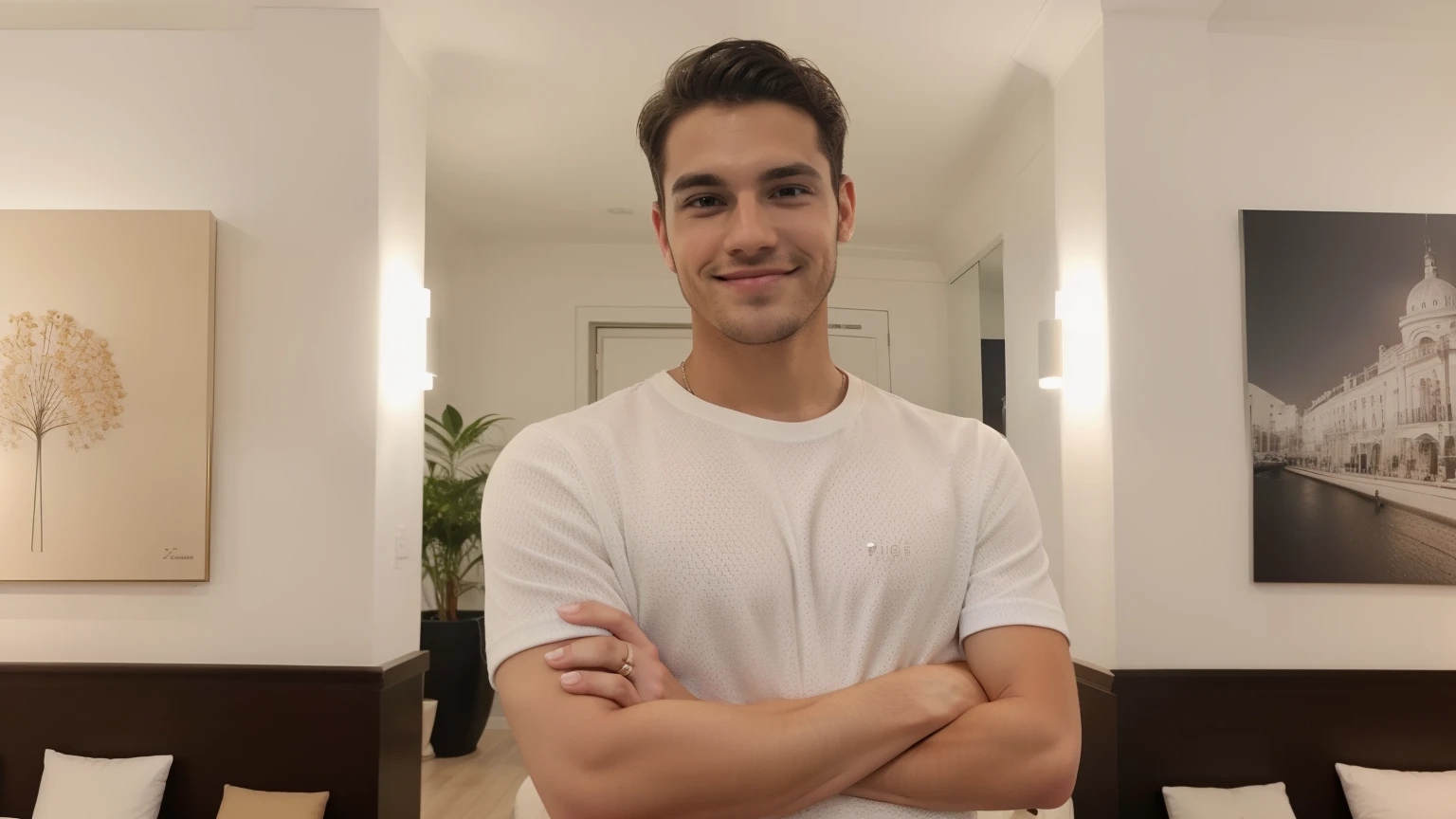 smiling man , in a bright room, obturador, olhando para o telefone dele, parece inteligente, fotografia, foto, smart appearance, imagem de estoque, arte em alta, homem bonito, homem atraente, Cool appearance, full body, crossed arms, parecendo inteligente, foto, vestido casualmente, retrato de alta qualidade, instagram post, cintilante, good looking, a foto, foto de retrato