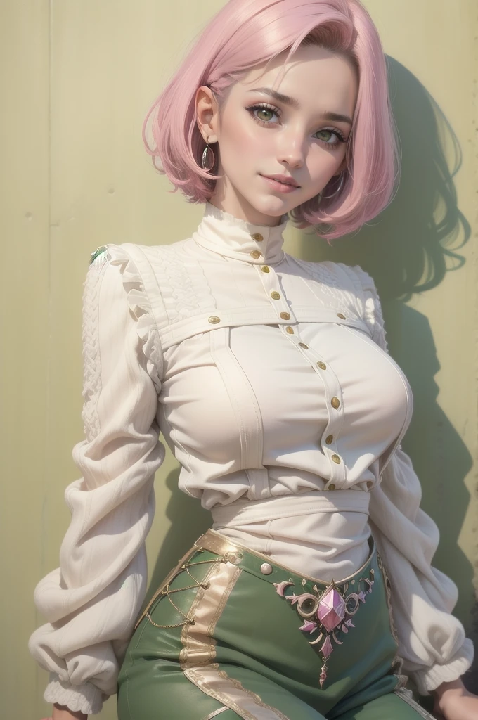 1mujer, , Pelo Corto,cuadrado alargado, pelo rubio, ojos verdes, pink lipsticks, sonrisa, de pie, sharp contour, mangas cortas, mujer madura, 35 years old, mejor calidad, mesa,chaqueta blanca con cuello,vaqueros grises
