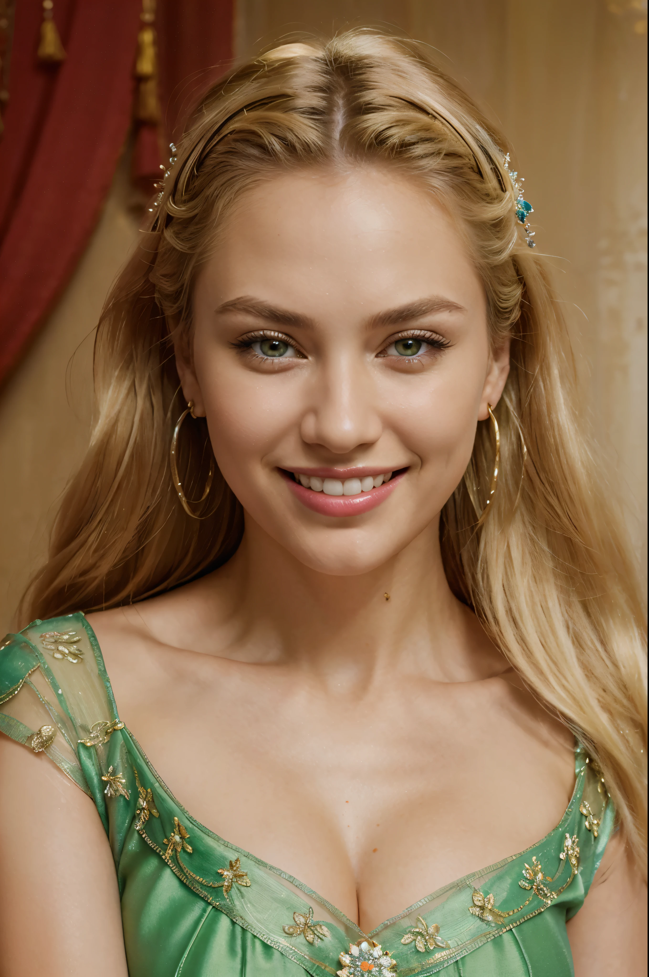 Masterpiece , best quality,absurd resolution, crystal clear, professional photograph of the most beautiful sexy russian ((summer flower dress)) (pretty earring) ((big smile)), ((detail mouth)) ((cleavage)) ((realistic tooth)) ((perfect tooth)) with perfect breast, (best quality, 8K, high resolution, masterpiece), ultra-detailed, realistic, ((blond hair)) flowing blond hair and striking green eyes. including vibrant lipstick that accentuates her lips... enriching the portrait with depth and cultural significance. The overall composition is a celebration of the beauty, tradition and artistry of makeup and adornment, rendered with realistic precision and attention to detail 