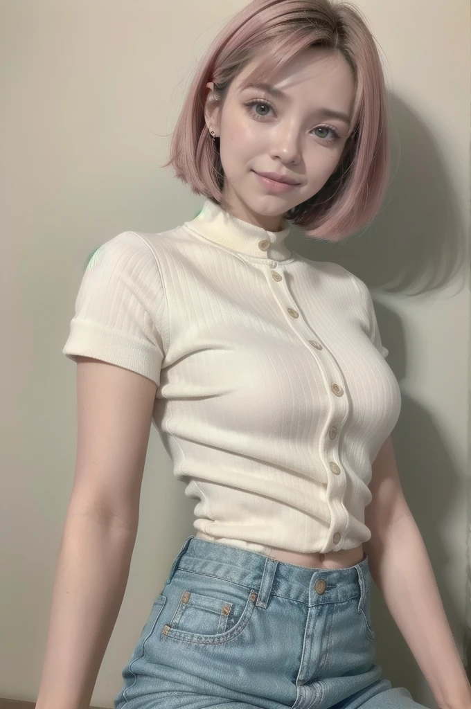 1mujer, , Pelo Corto,cuadrado alargado, pelo rubio, ojos verdes, pink lipsticks, sonrisa, de pie, sharp contour, mangas cortas, mujer madura, 35 years old, mejor calidad, mesa,chaqueta blanca con cuello,vaqueros grises