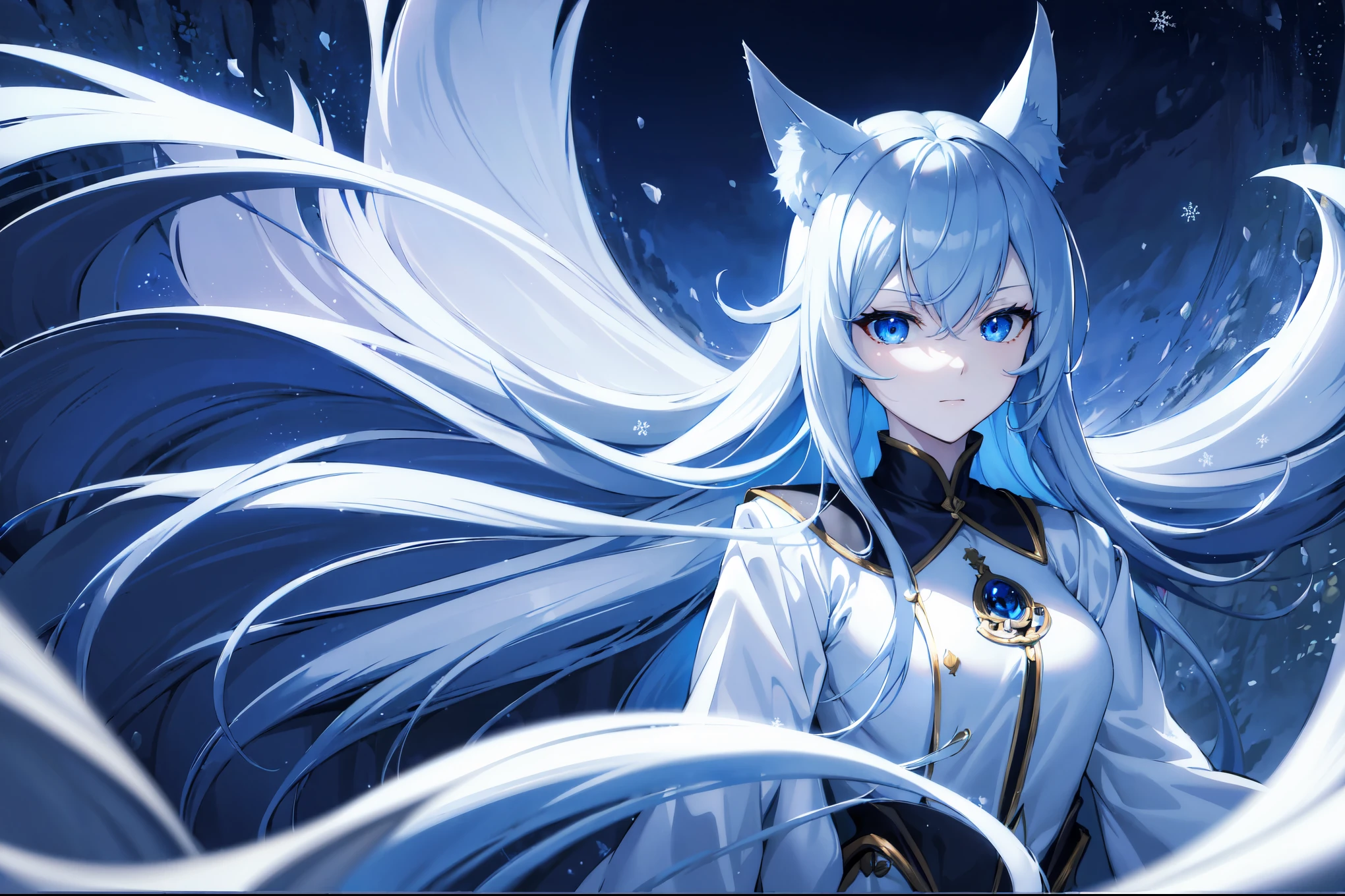 (best quality,highres,masterpiece:1.2),(flatten art:0.7), masterpiece, best quality, 1woman, Anime, darker environment, long white hair, ao dai, blue demon eyes, white fox ear, large breast, white fox tail, enticing, night, dark, looking at viewer, solo, winter, snow, faint moonlight, smug face, close-up