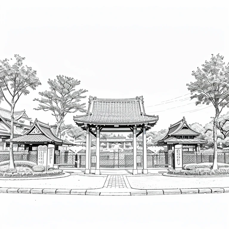"Generate a coloring page of a cute and gentle Tokyo park, cartoon-style, with thin lines, on a white background, featuring only black outlines, please."