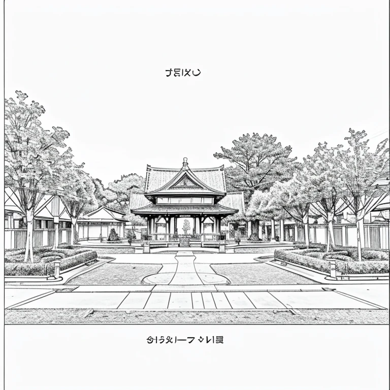 "Generate a coloring page of a cute and gentle Tokyo park, cartoon-style, with thin lines, on a white background, featuring only black outlines, please."
