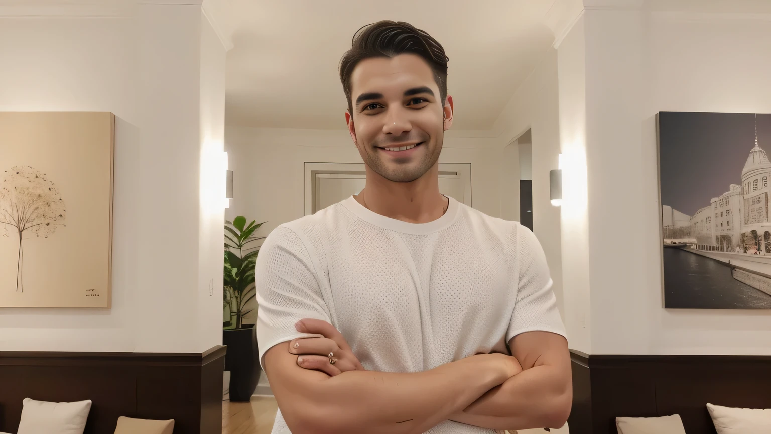 smiling man , in a bright room, obturador, olhando para o telefone dele, parece inteligente, fotografia, foto, smart appearance, imagem de estoque, arte em alta, homem bonito, homem atraente, Cool appearance, full body, crossed arms, parecendo inteligente, foto, vestido casualmente, retrato de alta qualidade, instagram post, cintilante, good looking, a foto, foto de retrato