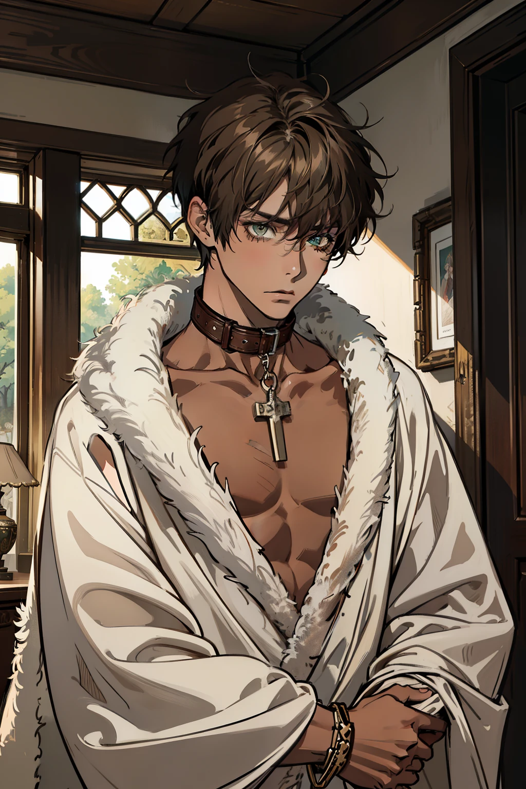 1 male, solo, masterpiece, best quality, (grin, looking back:0.5), (brunette, hair over eye, short hair, fluffy hair:1.2), hazel eyes, forest green, tanned skin, (partially wrapped in blankets, nude), collar, animal collar, leather collar, bedroom, Middle Ages, fantasy, scared, worried, fearful, nervous, chains, enslaved