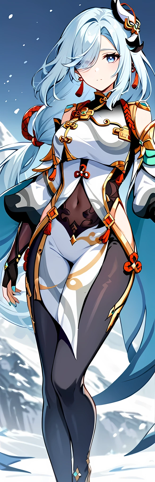 shenhe_(genshin_impact), genshin_impact, 1girl, aqua_nails, black_bodysuit, bodysuit, breast_curtain, chinese_knot, clothing_cutout, covered_navel, earrings, gloves, grey_eyes, hair_over_one_eye, hip_vent, jewelry, long_hair, low-braided_long_hair, low-tied_long_hair, nail_polish, partially_fingerless_gloves, shoulder_cutout, tassel, tassel_earrings, toenail_polish, toenails, white_hair,In the snowy mountains