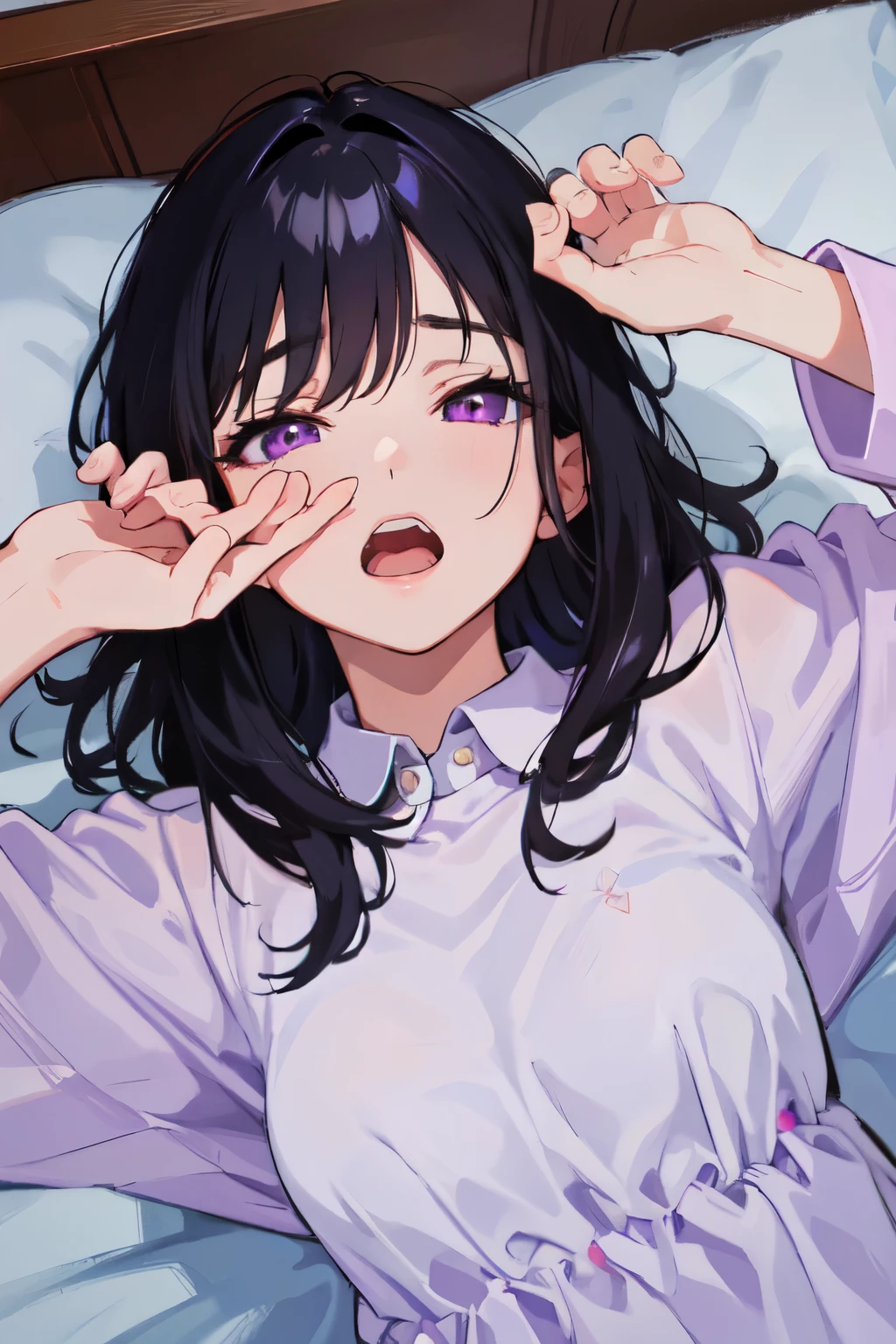 solo, masterpiece, hires,high resolution, best quality, 1girl, mature female,black hair, purple eyes, lying on back, wakeupyawn, yawning, covering mouth, in bed, under covers, from above, sleepy, upper body, white pajama,