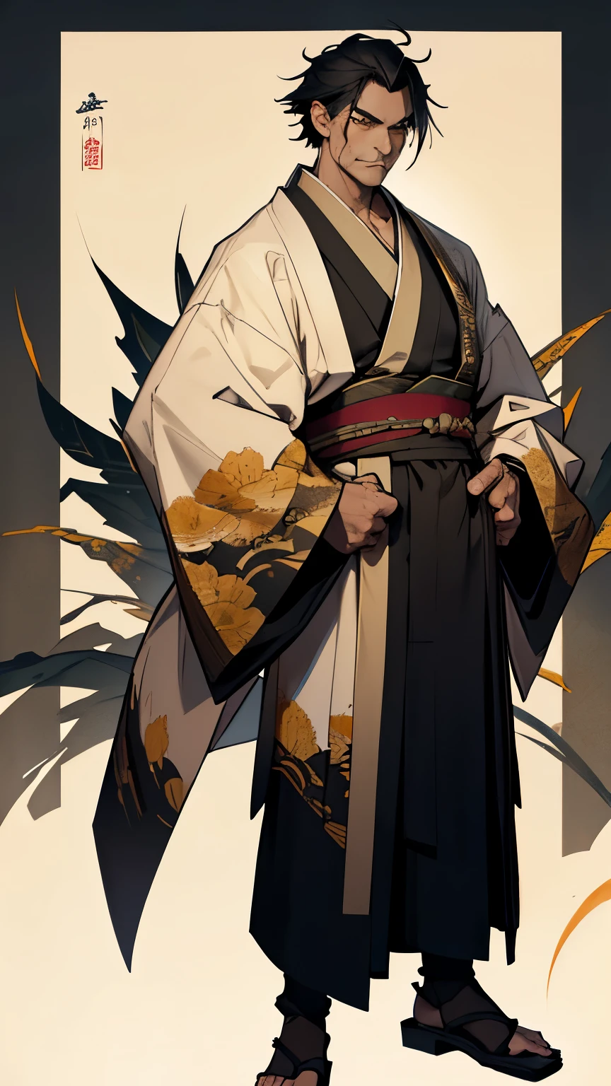 TRPG Standing Picture,Old man with black hair, Cut into a short, neat style, Beautiful Face, Piercing brown eyes and a cunning intellect, kimono,His skin is a little pale;.