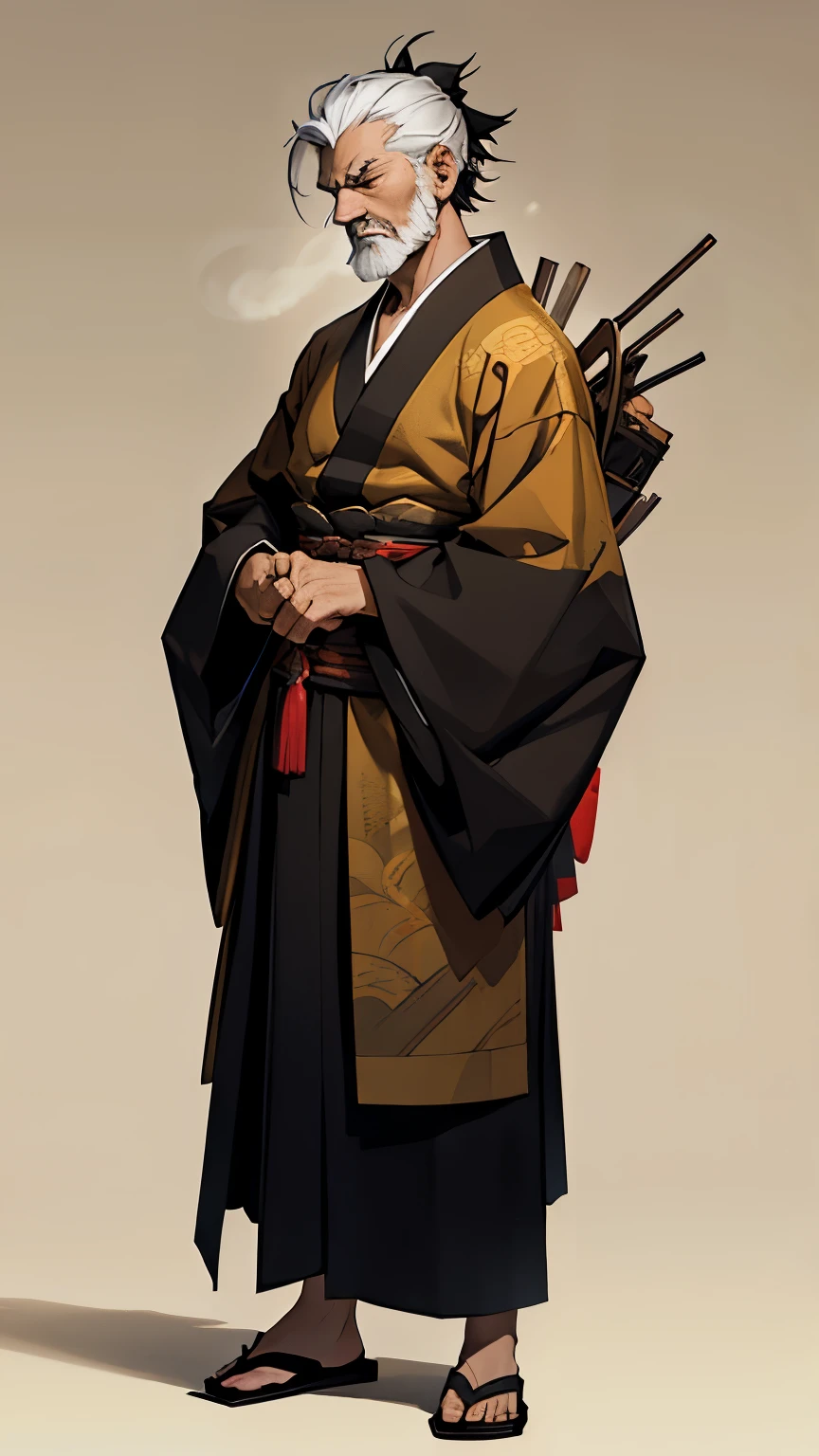 TRPG Standing Picture,Old man with black hair, Cut into a short, neat style, Beautiful Face, Piercing brown eyes and a cunning intellect, kimono,His skin is a little pale;.