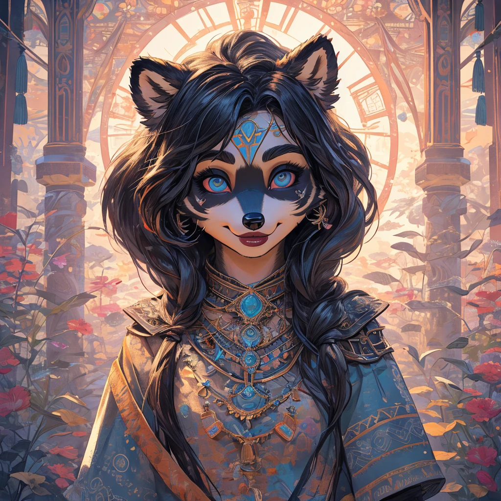 Create an illustrated, hand-drawn, full-color image of an anthropomorphic raccoon girl. The artwork should be rendered in the style of "Breath of the Wild," featuring warm lighting and shadows. Include graphite shading, stencil marks, and airbrushed acrylic paint effects. The image should be of the highest quality, a masterpiece with intricate details. The raccoon girl should have a female, humanoid, furry appearance with grey skin. She should have luscious lips, a wide smile, and bright, expressive eyes, exuding beauty, cuteness, and adorableness. Ensure the image is high resolution and sharply detailed, with a detailed and vibrant background. Incorporate mystical lighting in the background, creating a romantic and enchanting atmosphere.
