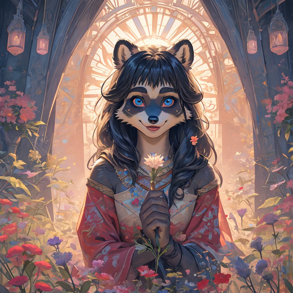 Create an illustrated, hand-drawn, full-color image of an anthropomorphic raccoon girl. The artwork should be rendered in the style of "Breath of the Wild," featuring warm lighting and shadows. Include graphite shading, stencil marks, and airbrushed acrylic paint effects. The image should be of the highest quality, a masterpiece with intricate details. The raccoon girl should have a female, humanoid, furry appearance with grey skin. She should have luscious lips, a wide smile, and bright, expressive eyes, exuding beauty, cuteness, and adorableness. Ensure the image is high resolution and sharply detailed, with a detailed and vibrant background. Incorporate mystical lighting in the background, creating a romantic and enchanting atmosphere.