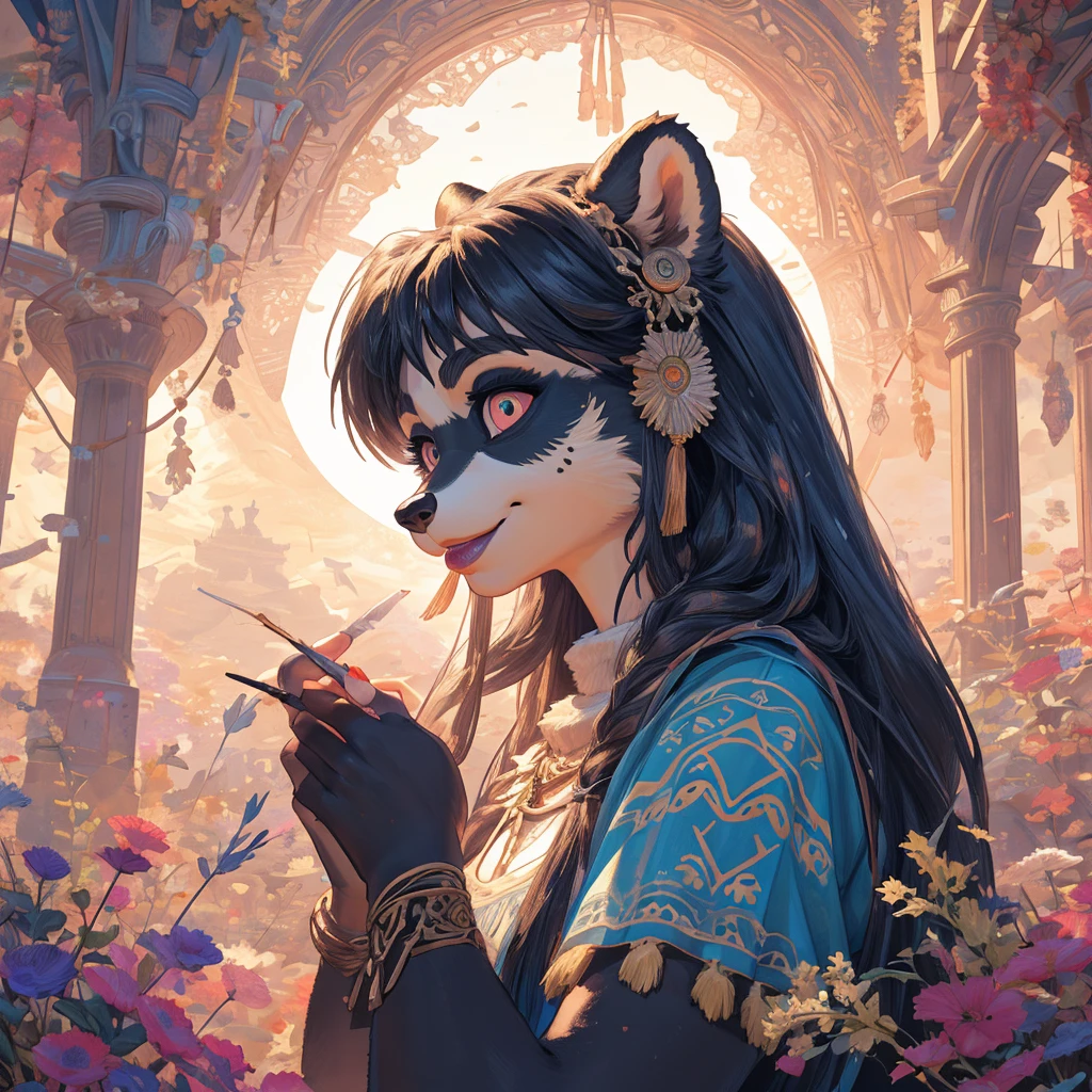 Create an illustrated, hand-drawn, full-color image of an anthropomorphic raccoon girl. The artwork should be rendered in the style of "Breath of the Wild," featuring warm lighting and shadows. Include graphite shading, stencil marks, and airbrushed acrylic paint effects. The image should be of the highest quality, a masterpiece with intricate details. The raccoon girl should have a female, humanoid, furry appearance with grey skin. She should have luscious lips, a wide smile, and bright, expressive eyes, exuding beauty, cuteness, and adorableness. Ensure the image is high resolution and sharply detailed, with a detailed and vibrant background. Incorporate mystical lighting in the background, creating a romantic and enchanting atmosphere.